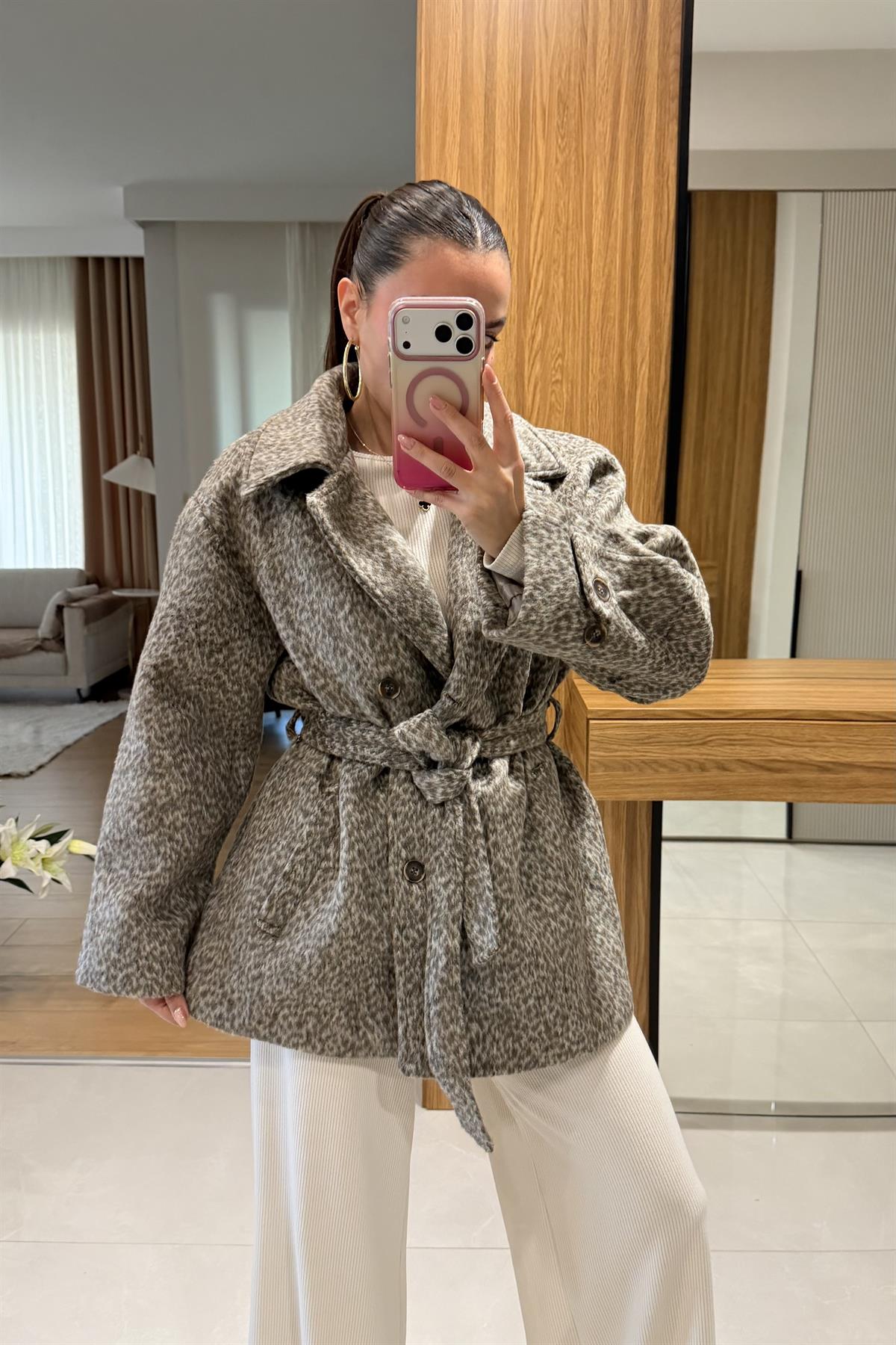 Sophie Sütlü Kahve Kaşe Kuşaklı Kaban