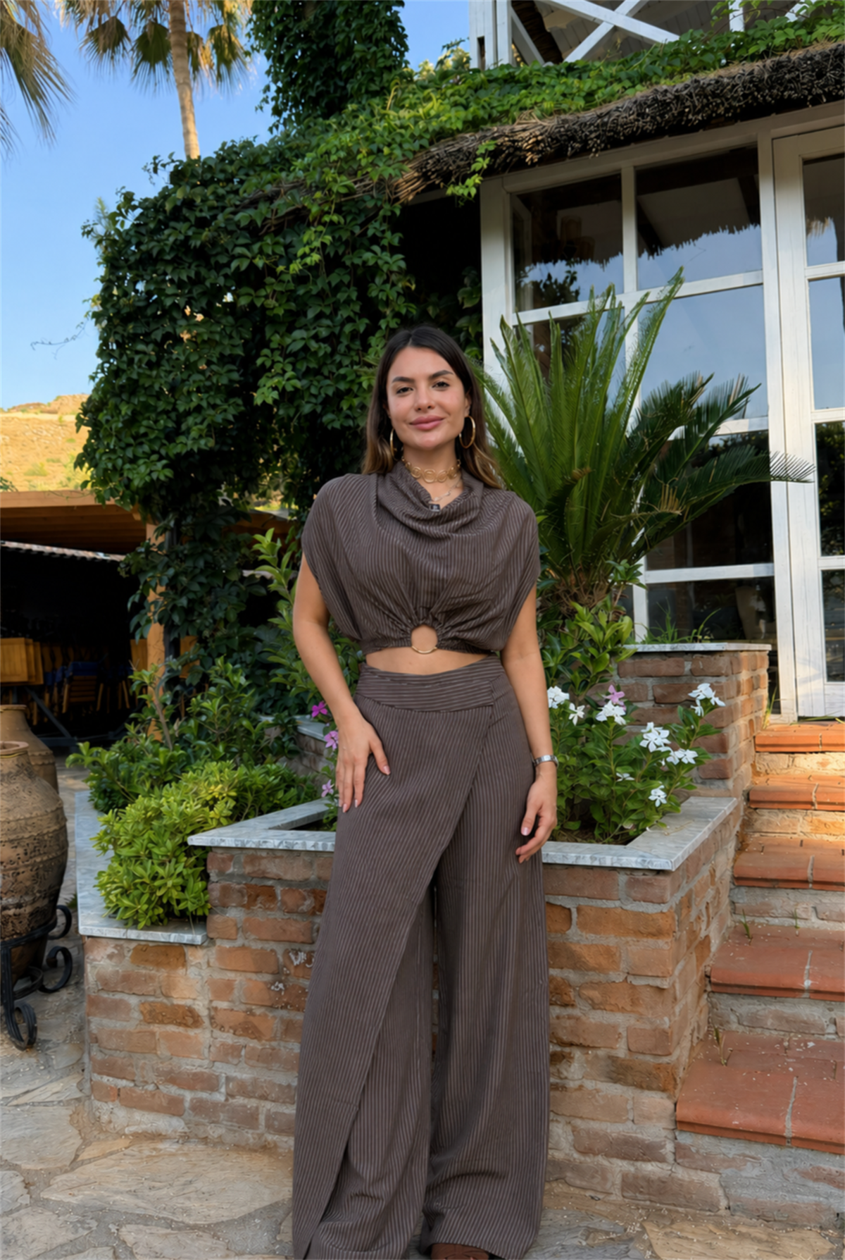 Sorella Kahve Çizgili Kruvaze Pantolon Bluz Takım