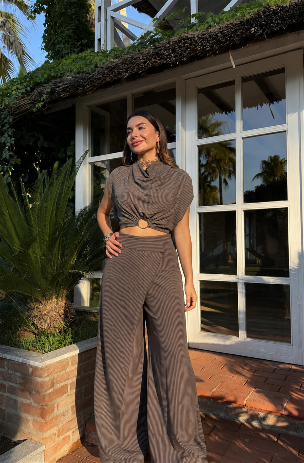 Sorella Kahve Çizgili Kruvaze Pantolon Bluz Takım
