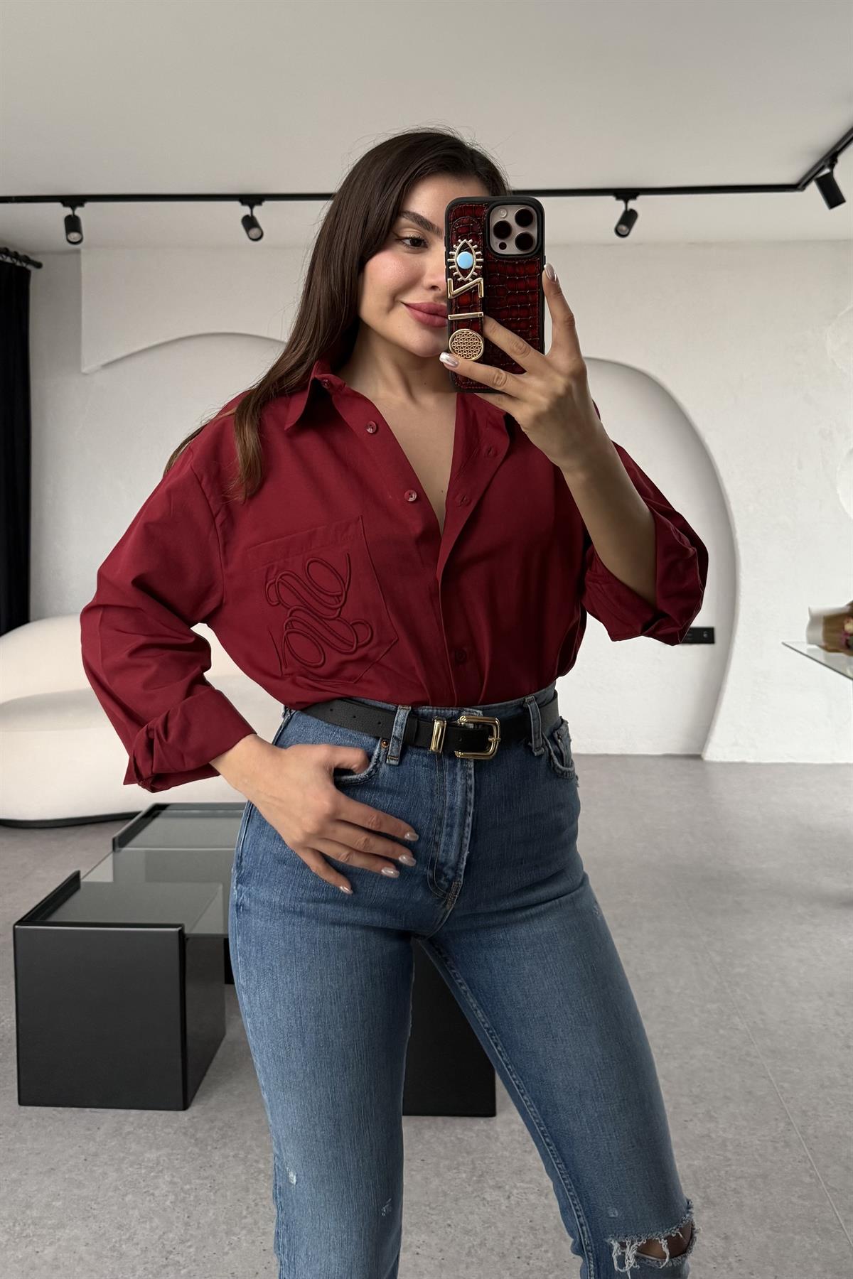 Spezia Bordo Cebi Nakışlı Gömlek 