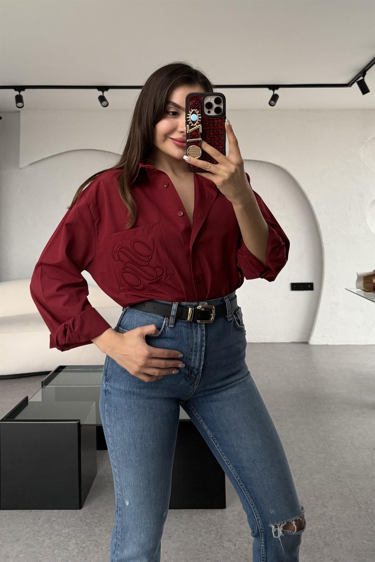 Spezia Bordo Cebi Nakışlı Gömlek 