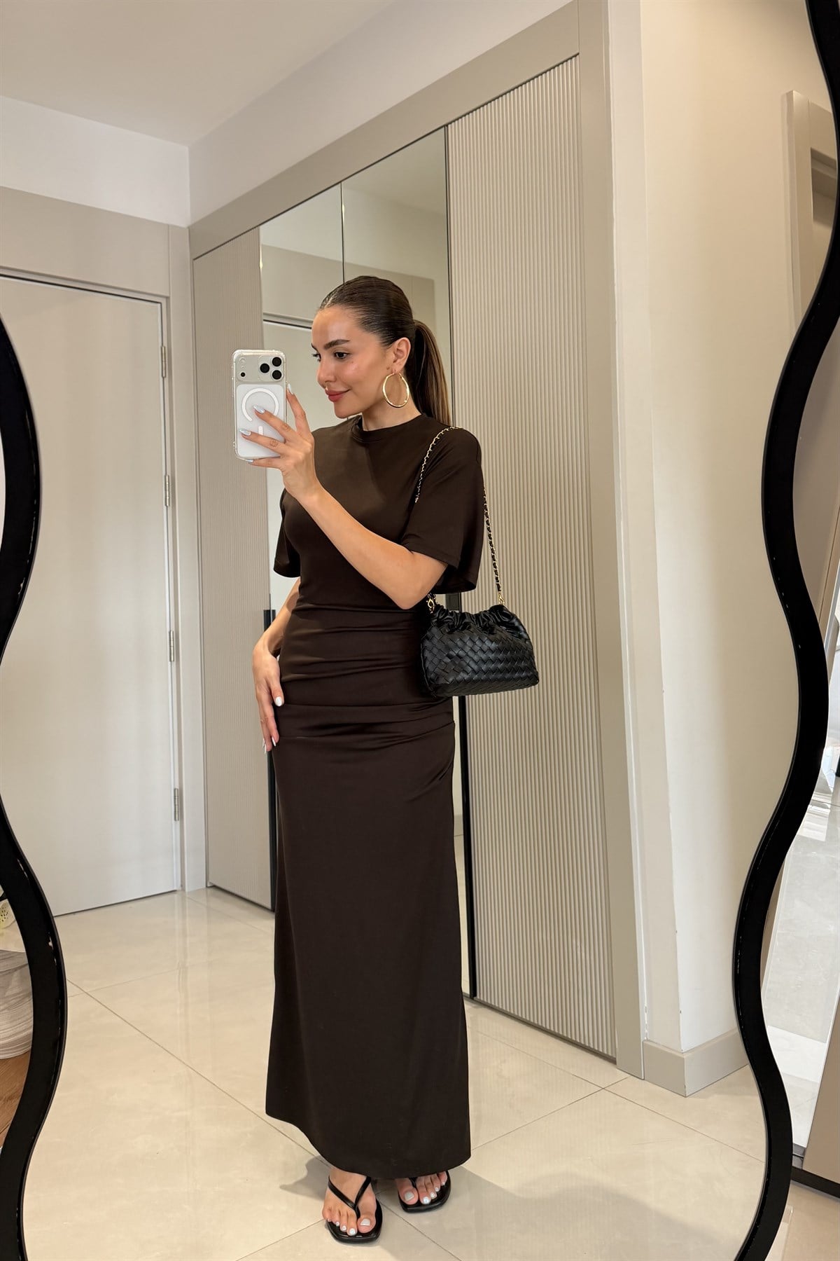 Spezia Kahve Drapeli Bel Detaylı Maxi Elbise