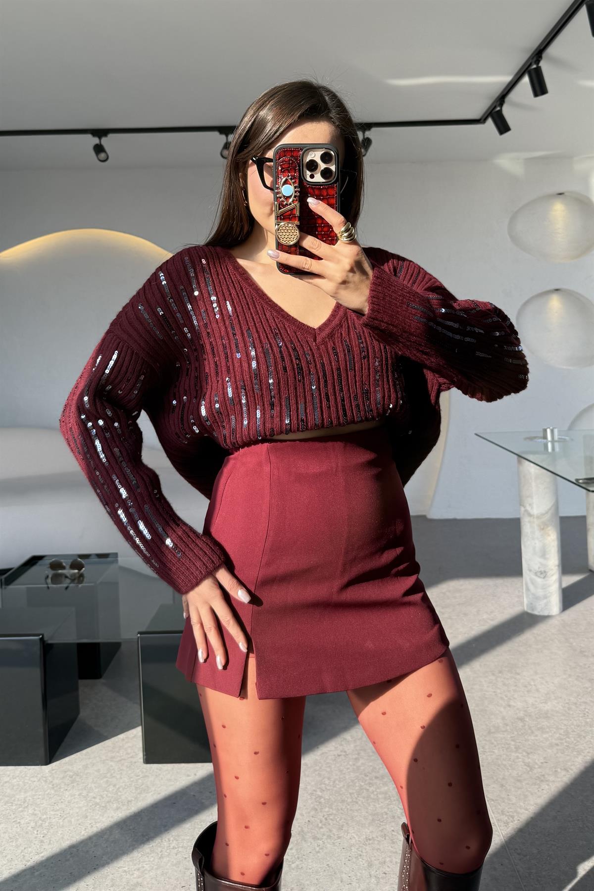 Stamp Bordo Payetli V Yaka Kazak