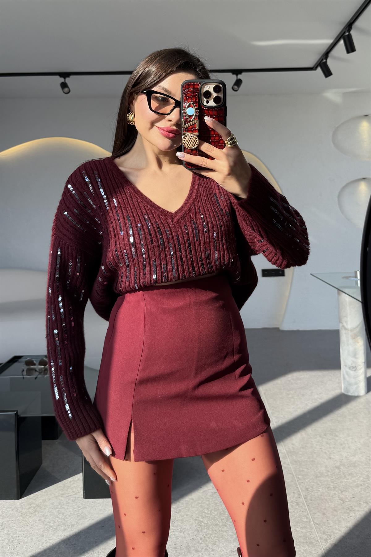 Stamp Bordo Payetli V Yaka Kazak