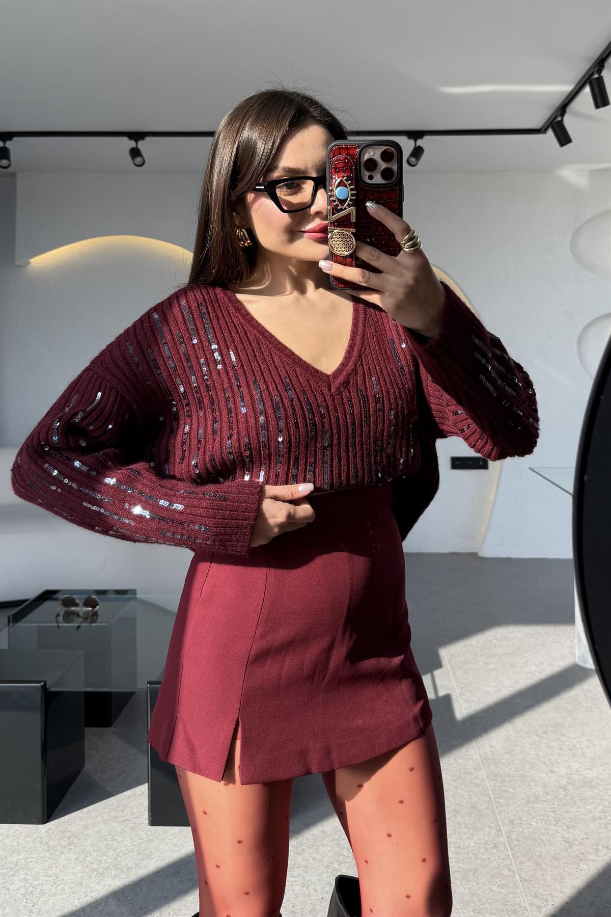 Stamp Bordo Payetli V Yaka Kazak