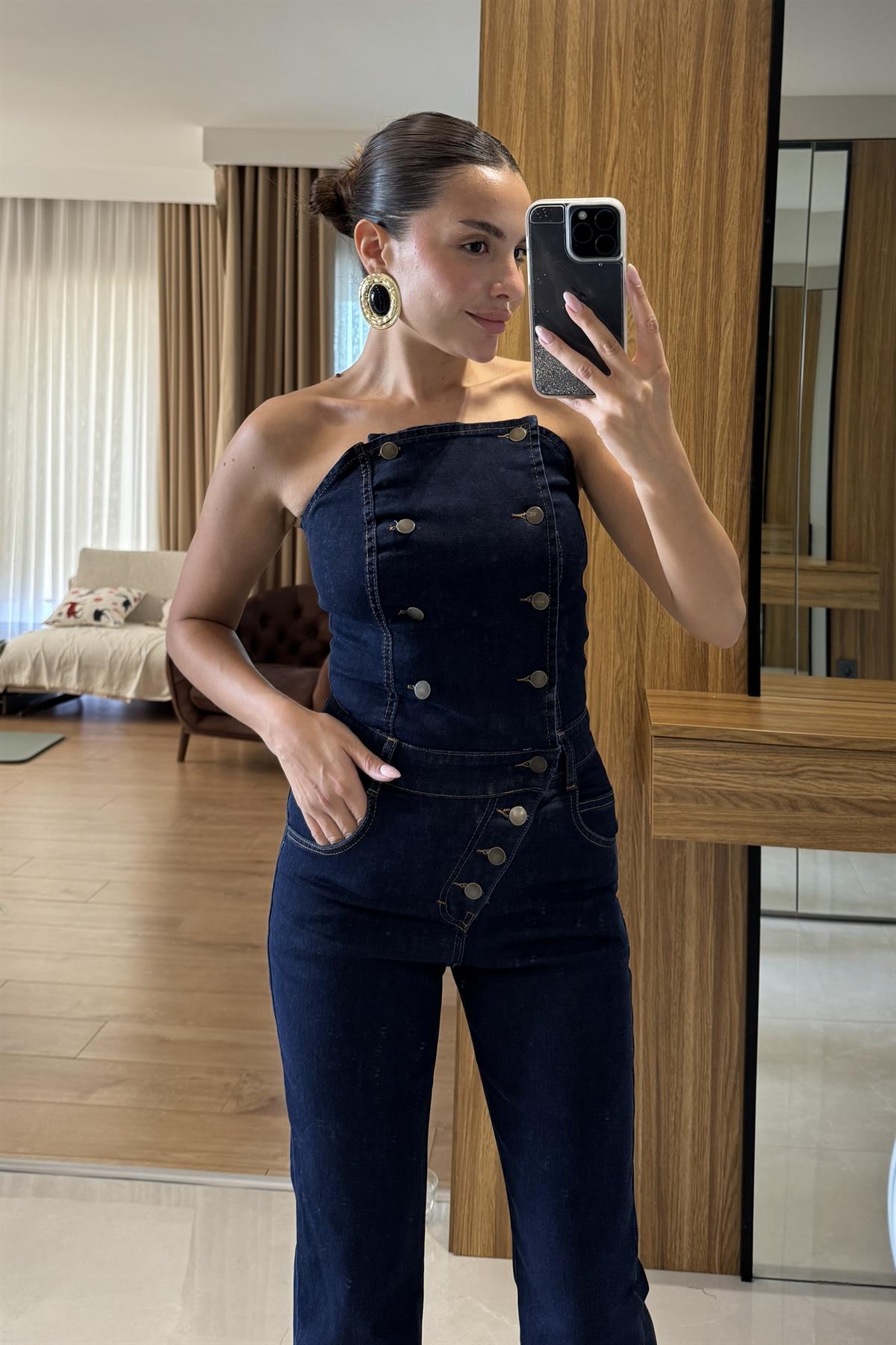 Starks Denim Straplez Düğmeli Tulum 