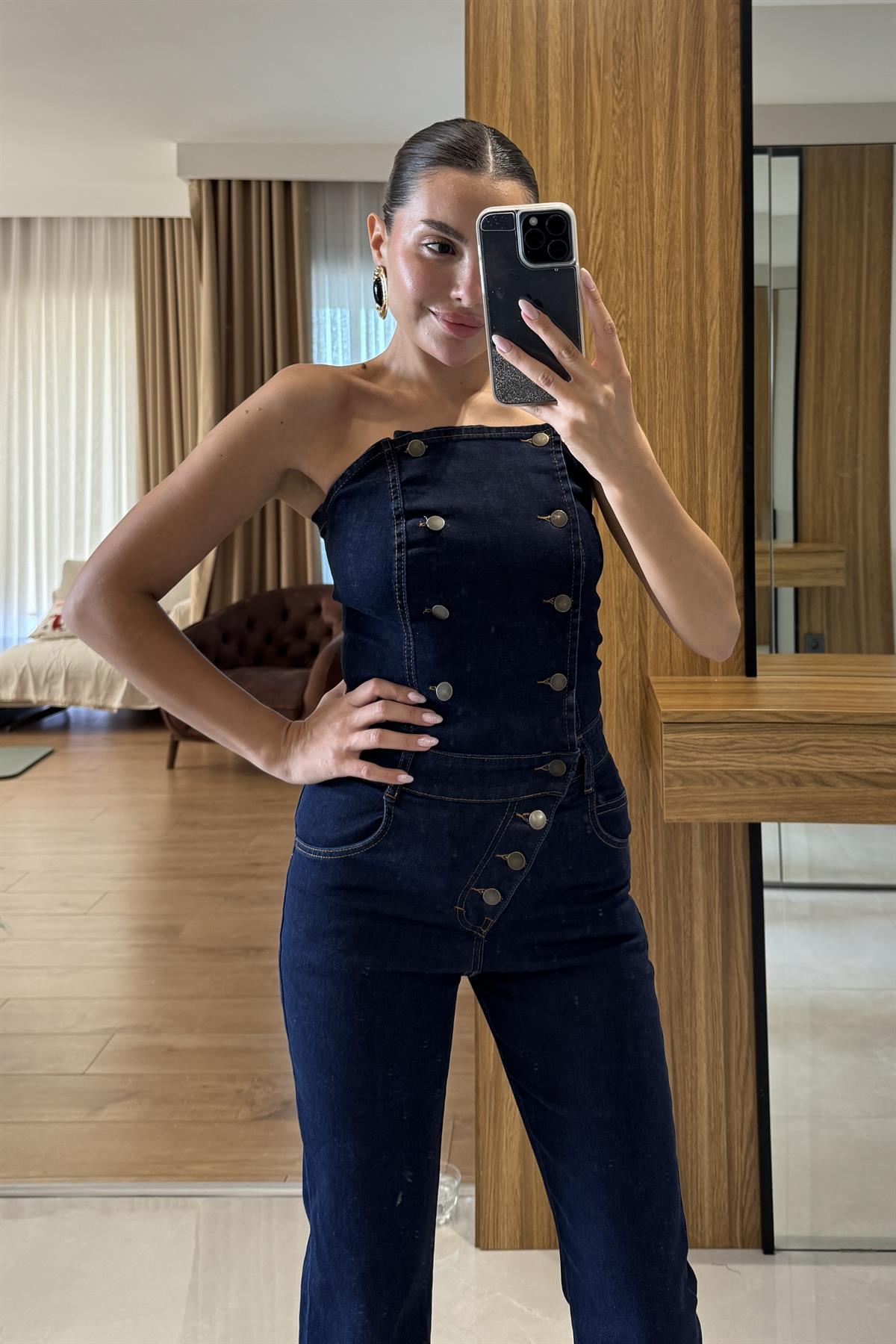 Starks Denim Straplez Düğmeli Tulum 