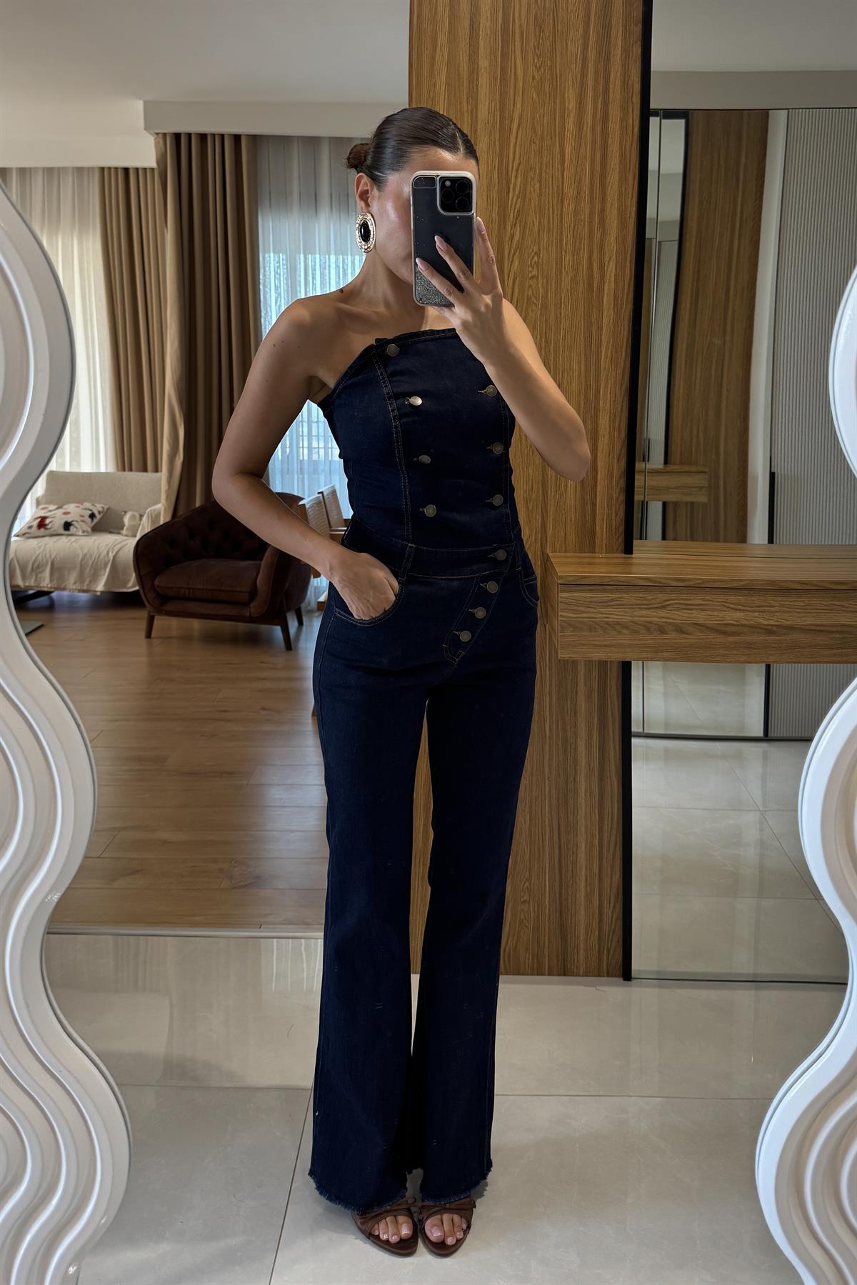 Starks Denim Straplez Düğmeli Tulum 