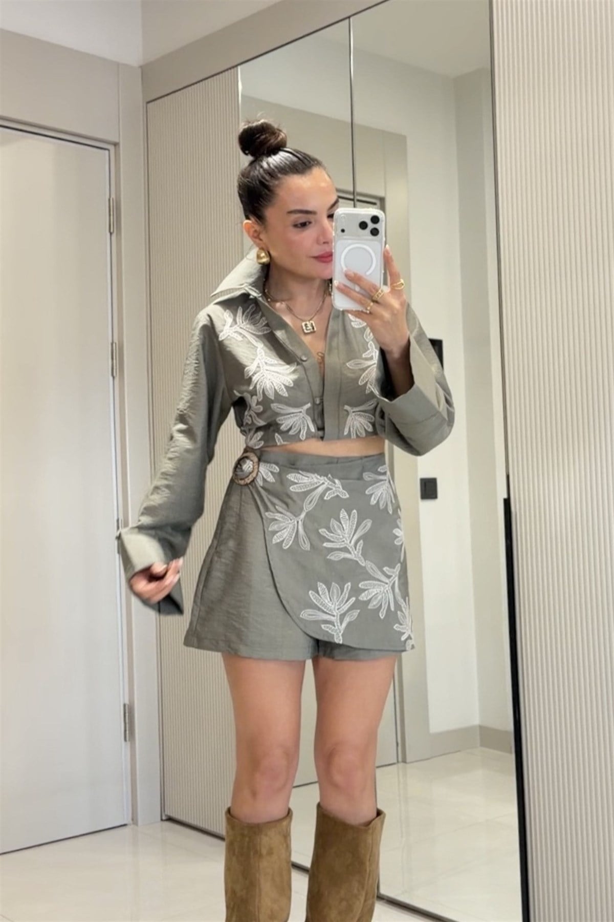 Stars Haki Nakışlı Şort Etek