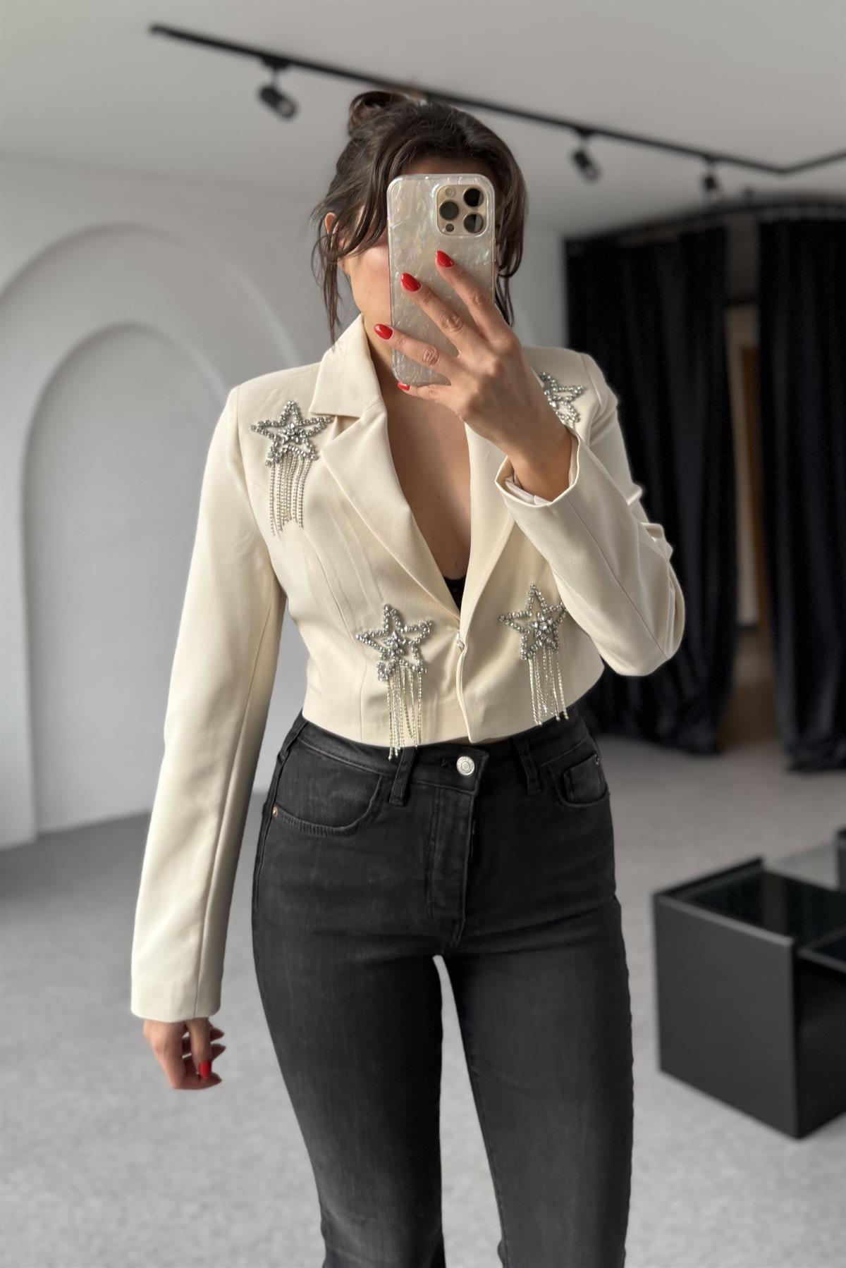 Stary Bej Yıldız Taşlı Crop Blazer