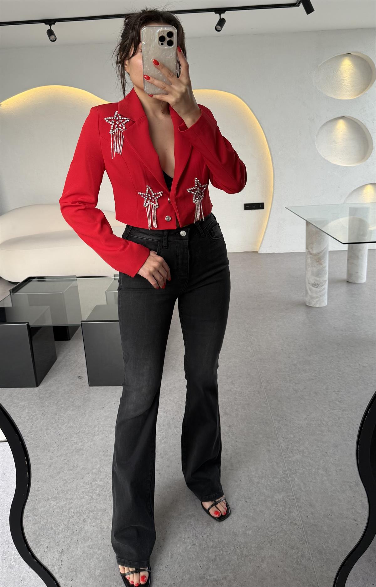 Stary Kırmızı Yıldız Taşlı Crop Blazer