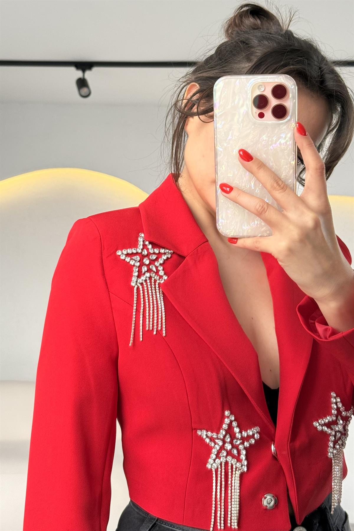 Stary Kırmızı Yıldız Taşlı Crop Blazer