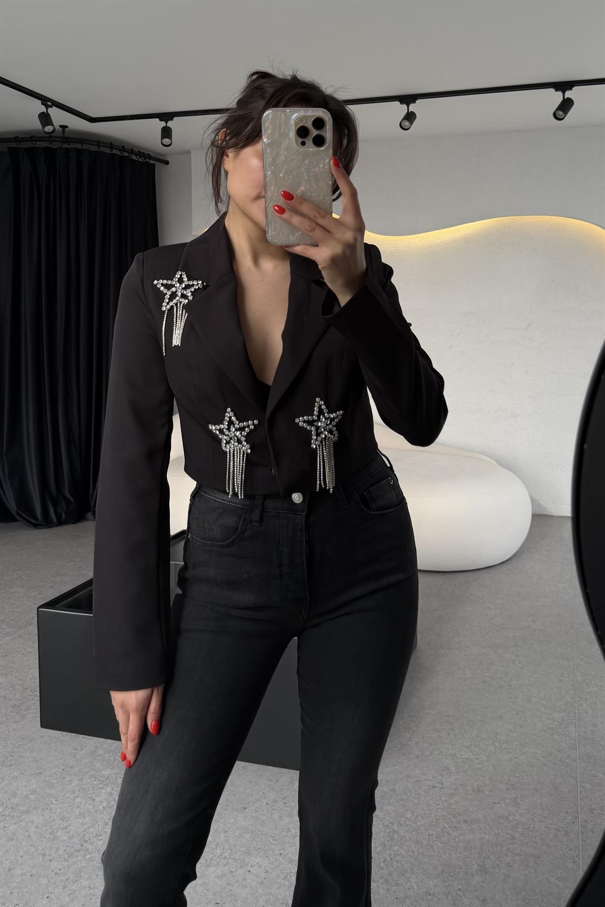 Stary Siyah Yıldız Taşlı Crop Blazer