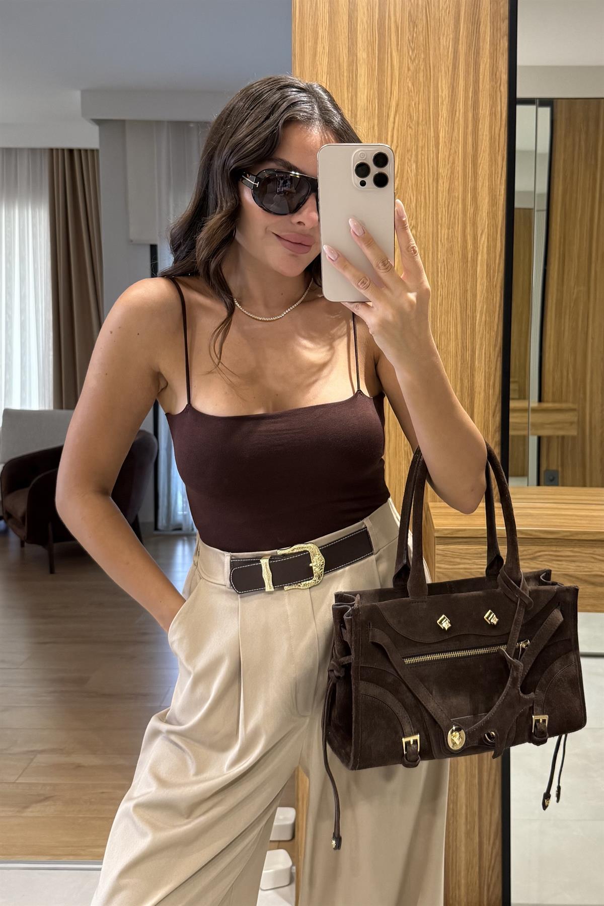 Stefany Kahve Askılı Crop