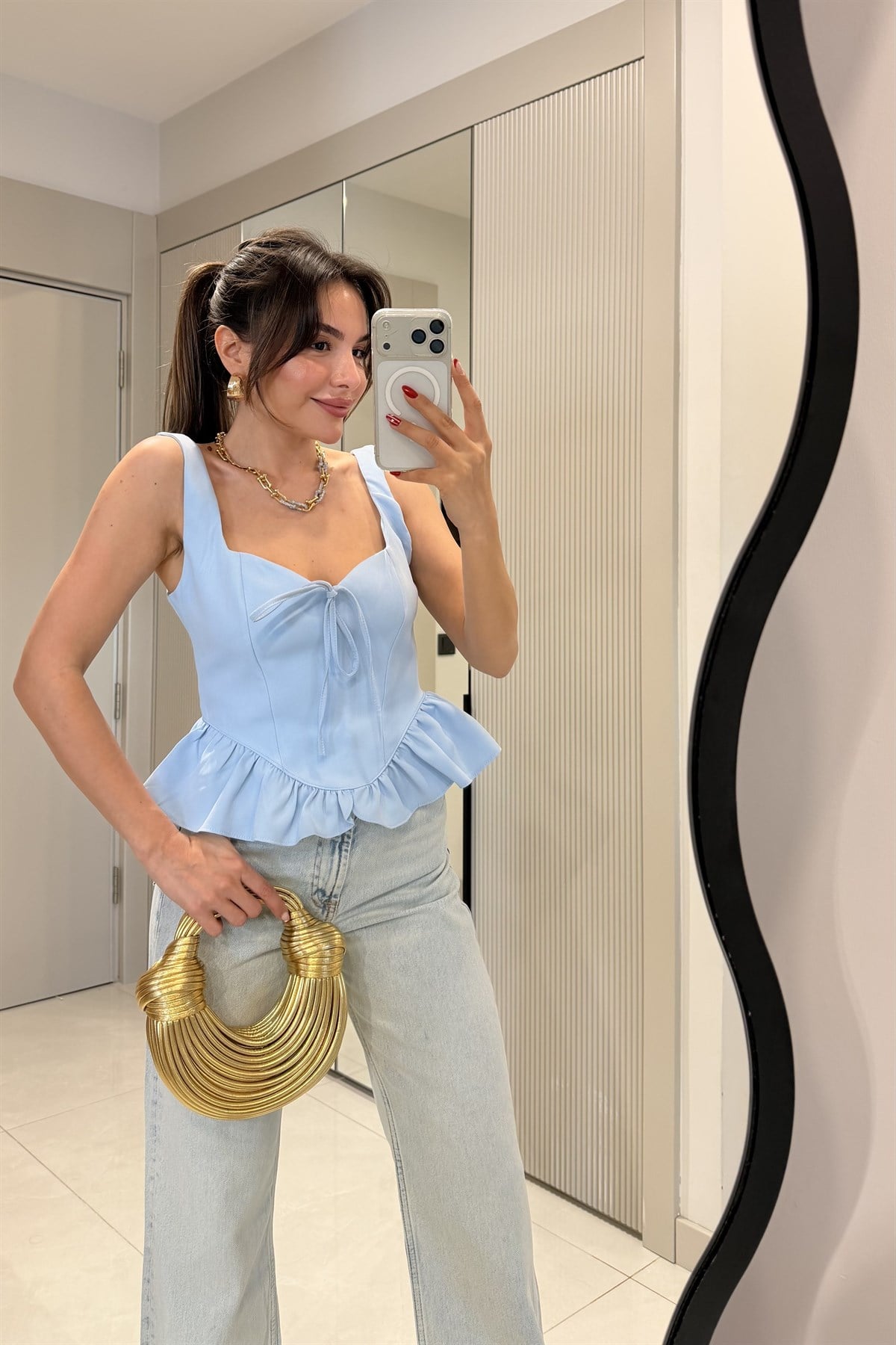 Stella Mavi Volanlı Kalp Yaka Büstiyer