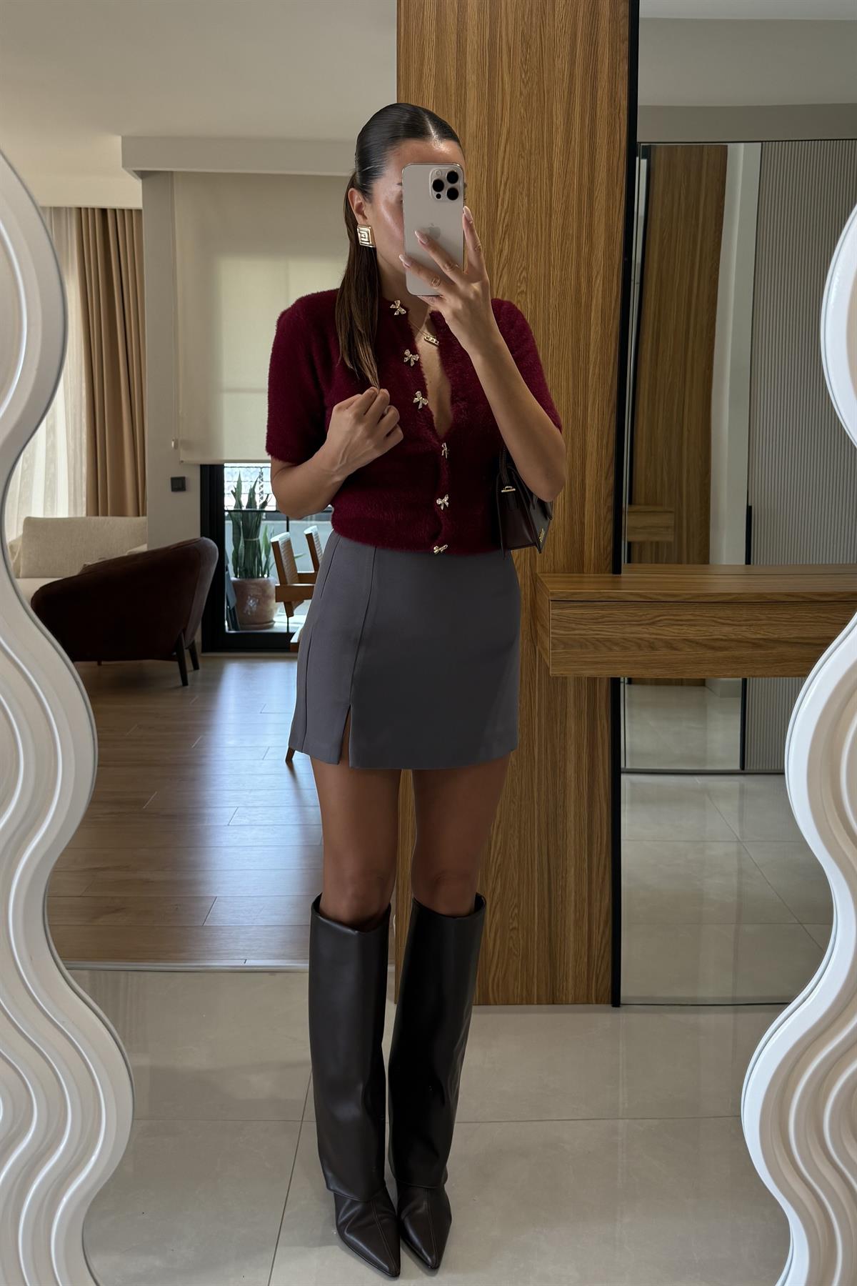 Stellar Gri Yırtmaçlı Şort Etek