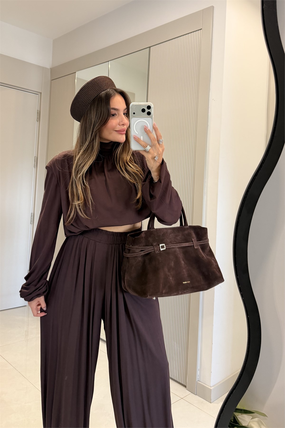 Stellar Kahve Vatkalı Bluz Şalvar Takım