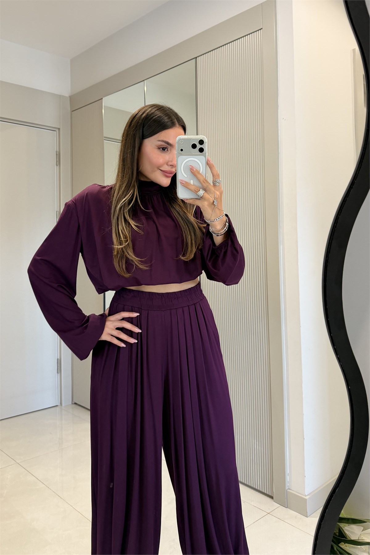Stellar Mürdüm Vatkalı Bluz Şalvar Takım