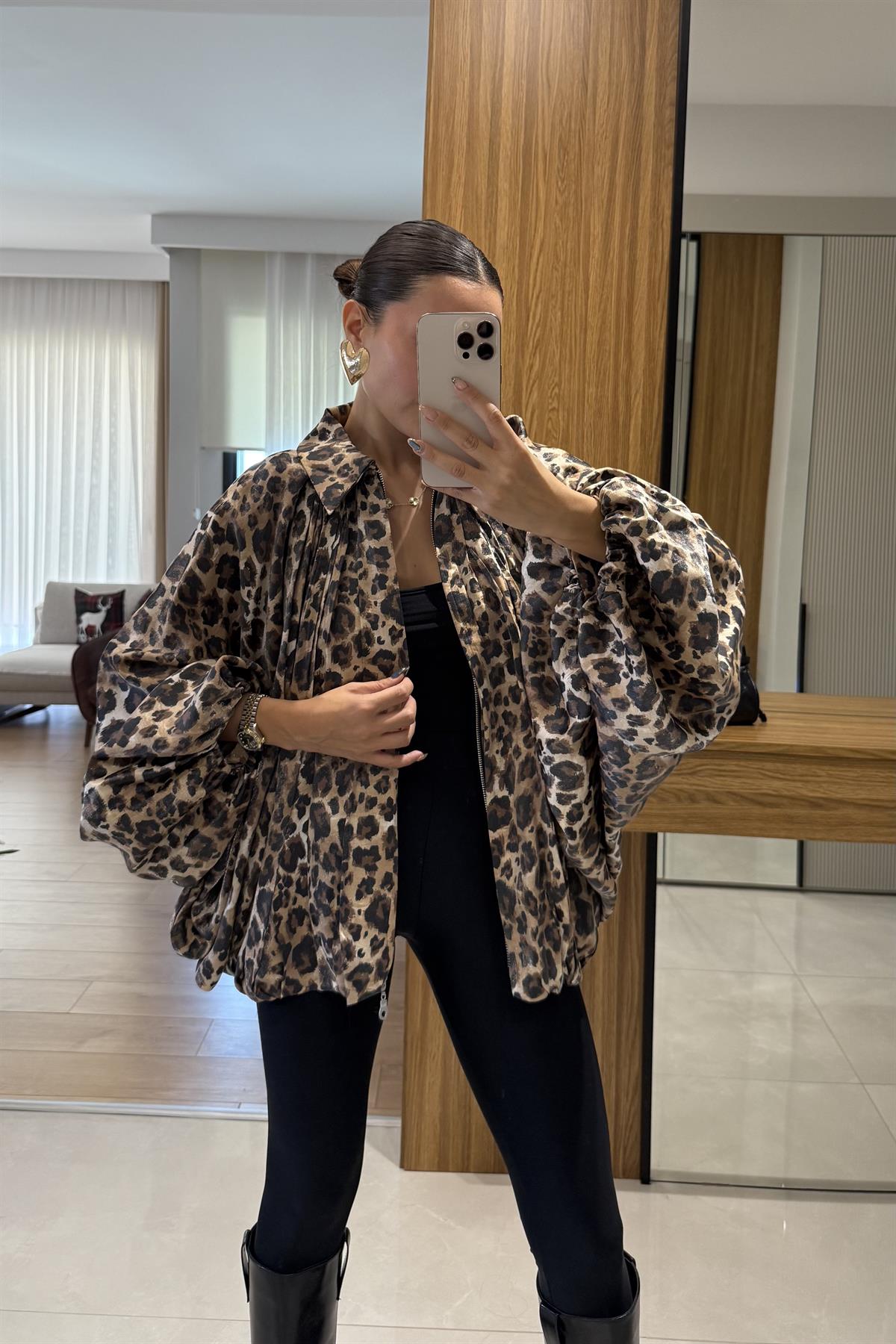 Steve Leopar Desen Saten Bomber Ceket