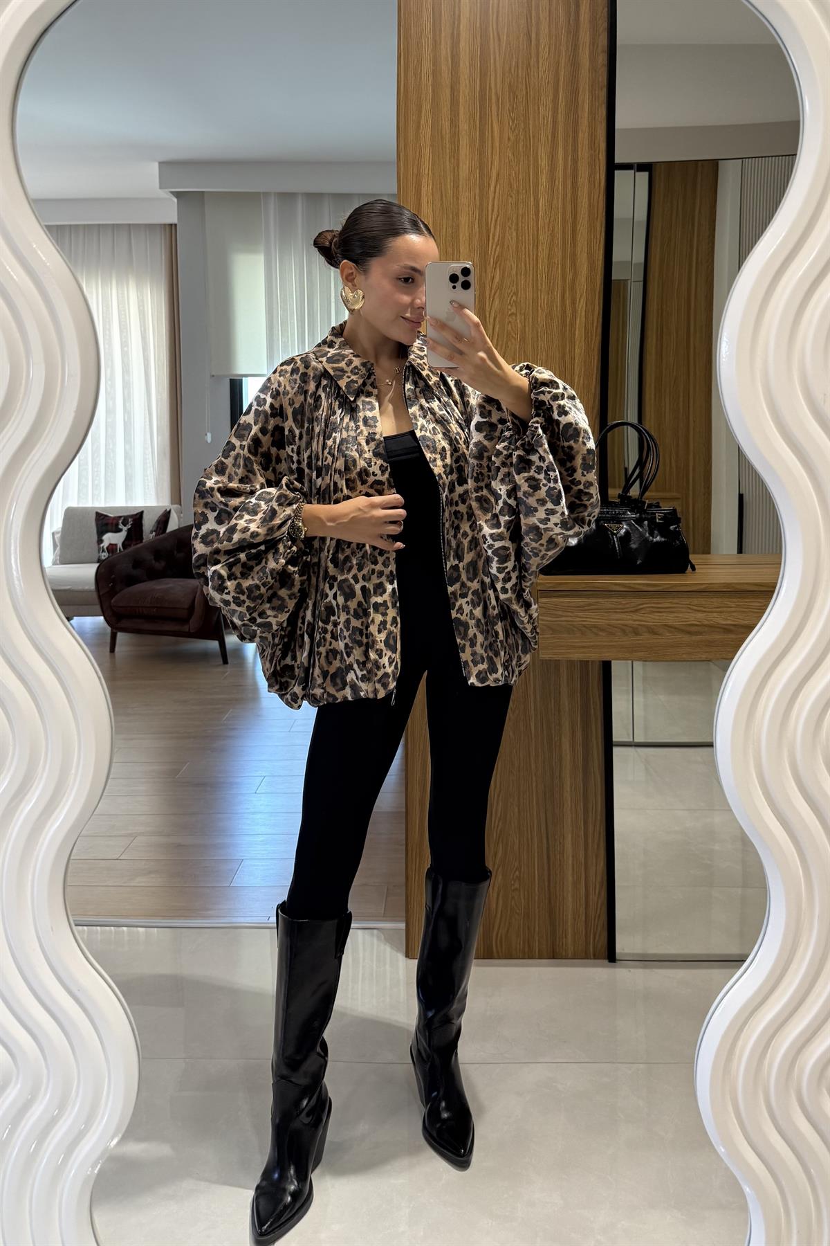 Steve Leopar Desen Saten Bomber Ceket