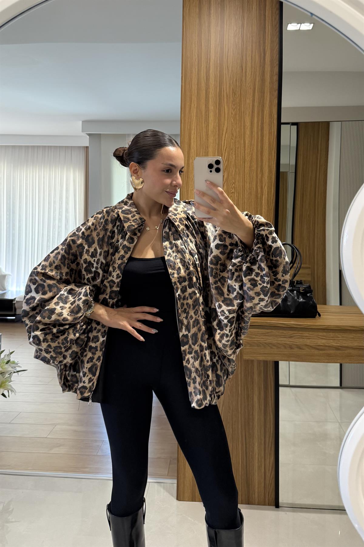 Steve Leopar Desen Saten Bomber Ceket