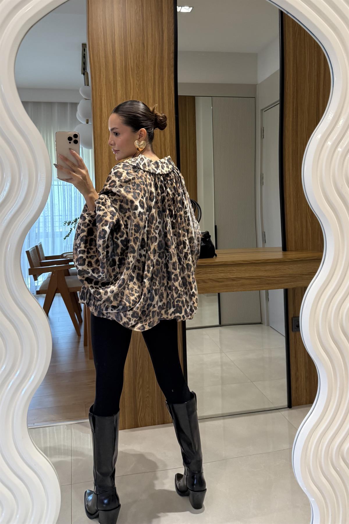 Steve Leopar Desen Saten Bomber Ceket