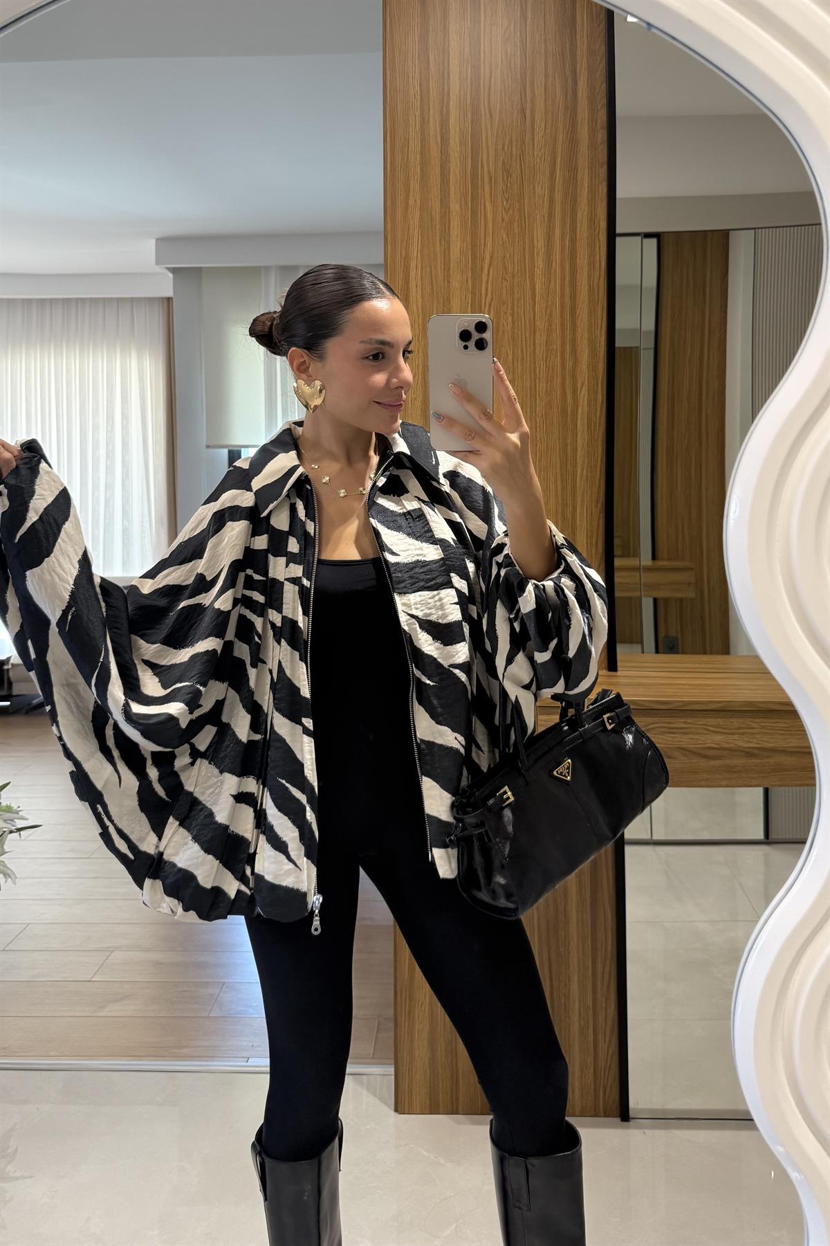 Steve Zebra Desen Saten Bomber Ceket