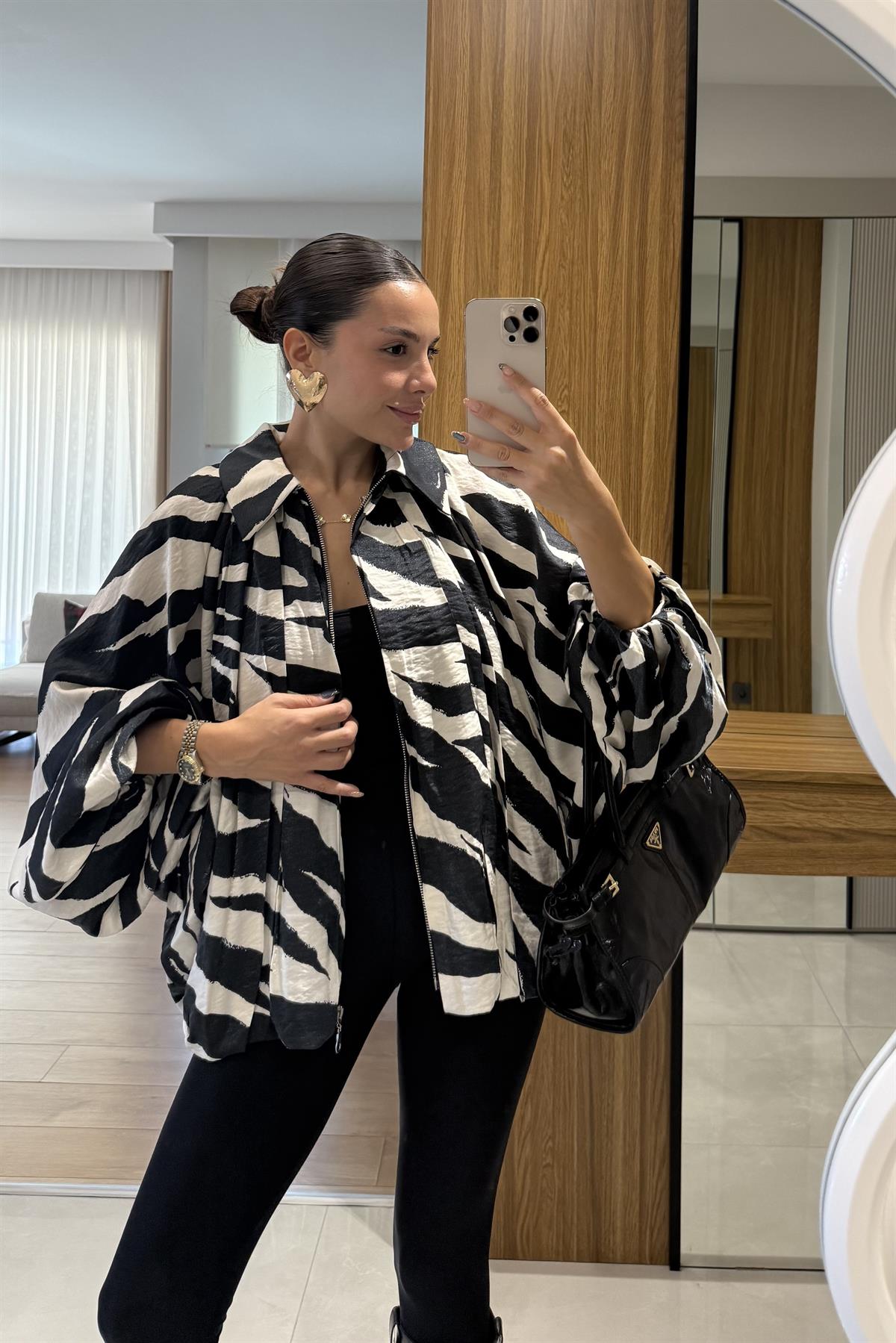 Steve Zebra Desen Saten Bomber Ceket