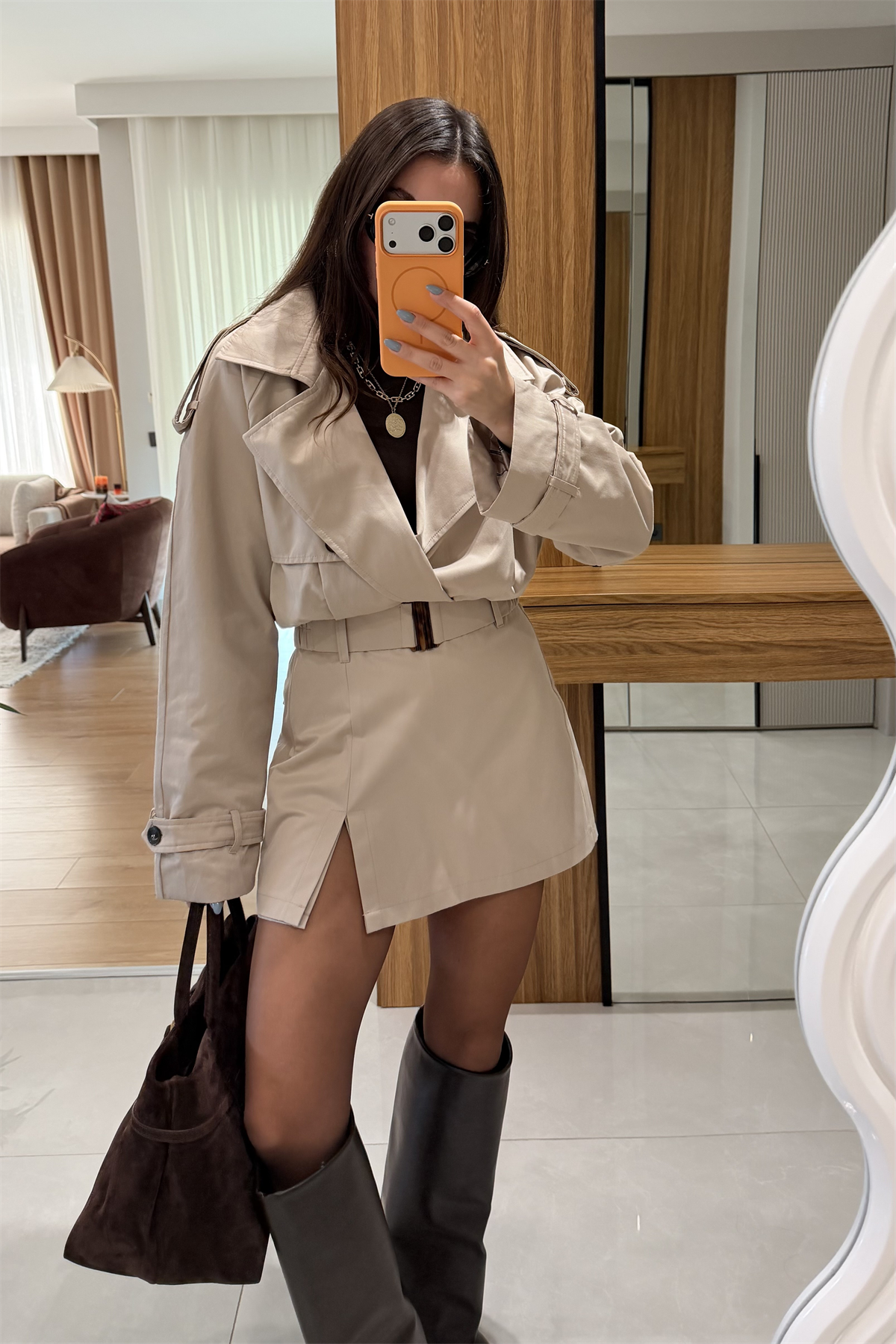 Stone Bej Biker Trençkot