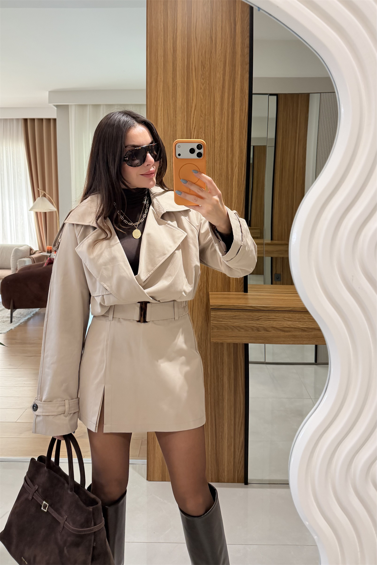 Stone Bej Biker Trençkot