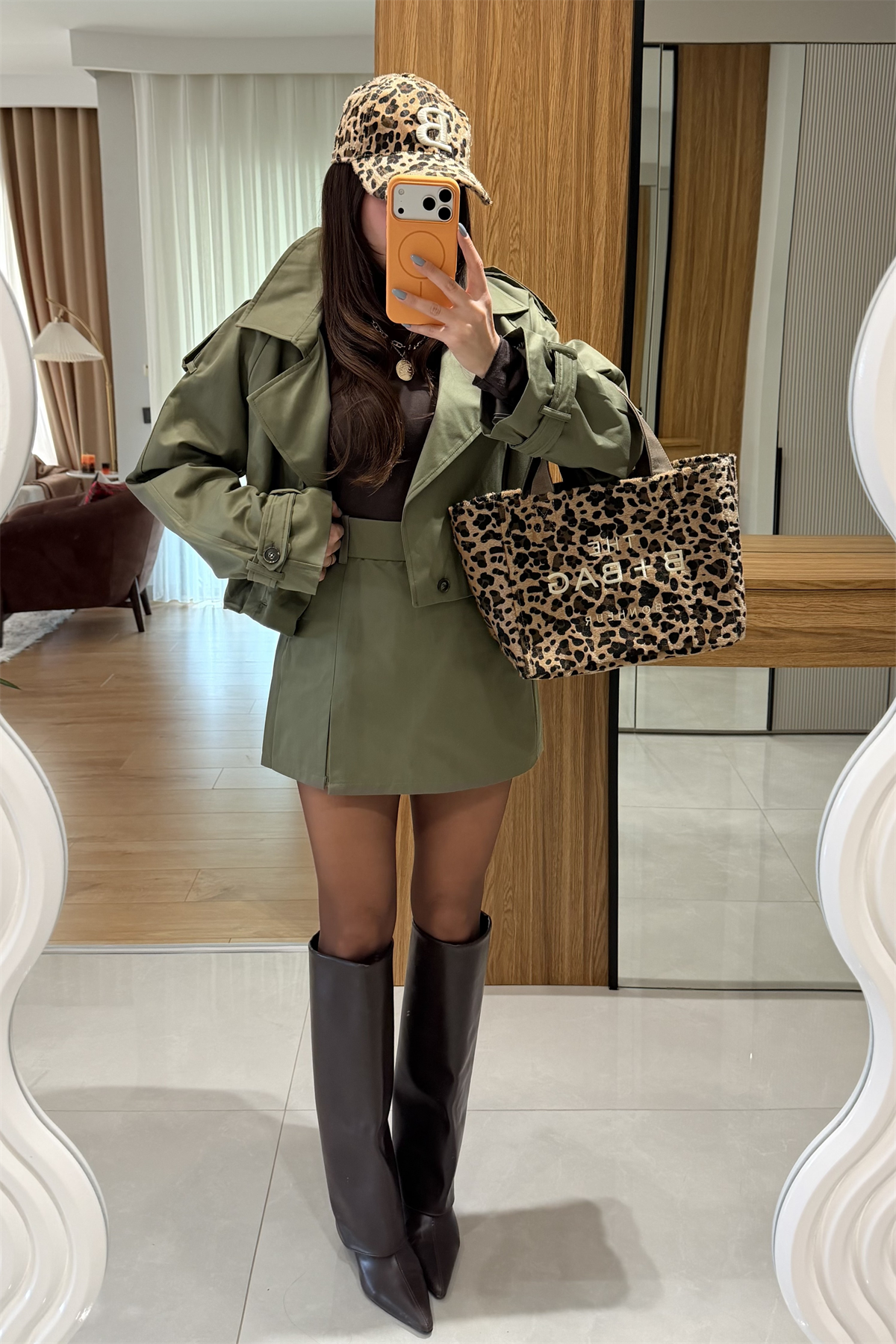 Stone Haki Kemerli Şort Etek