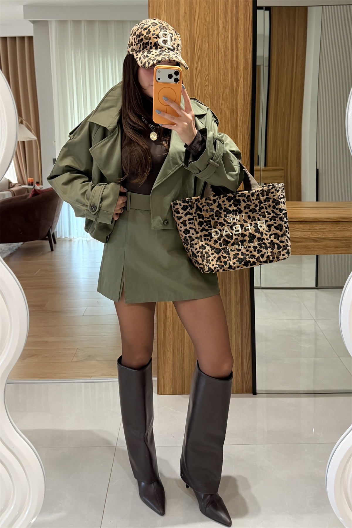 Stone Haki Kemerli Şort Etek