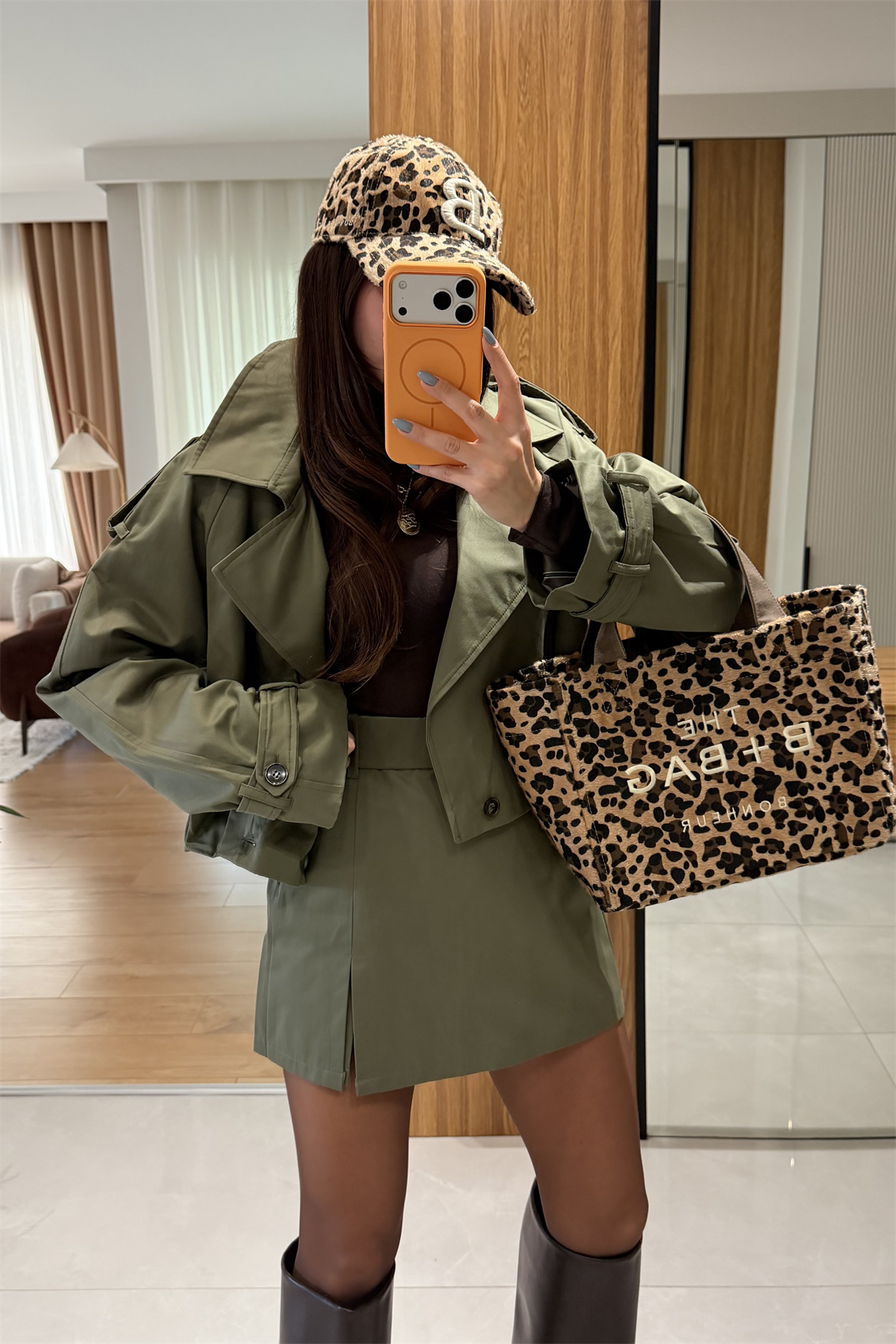 Stone Haki Kemerli Şort Etek