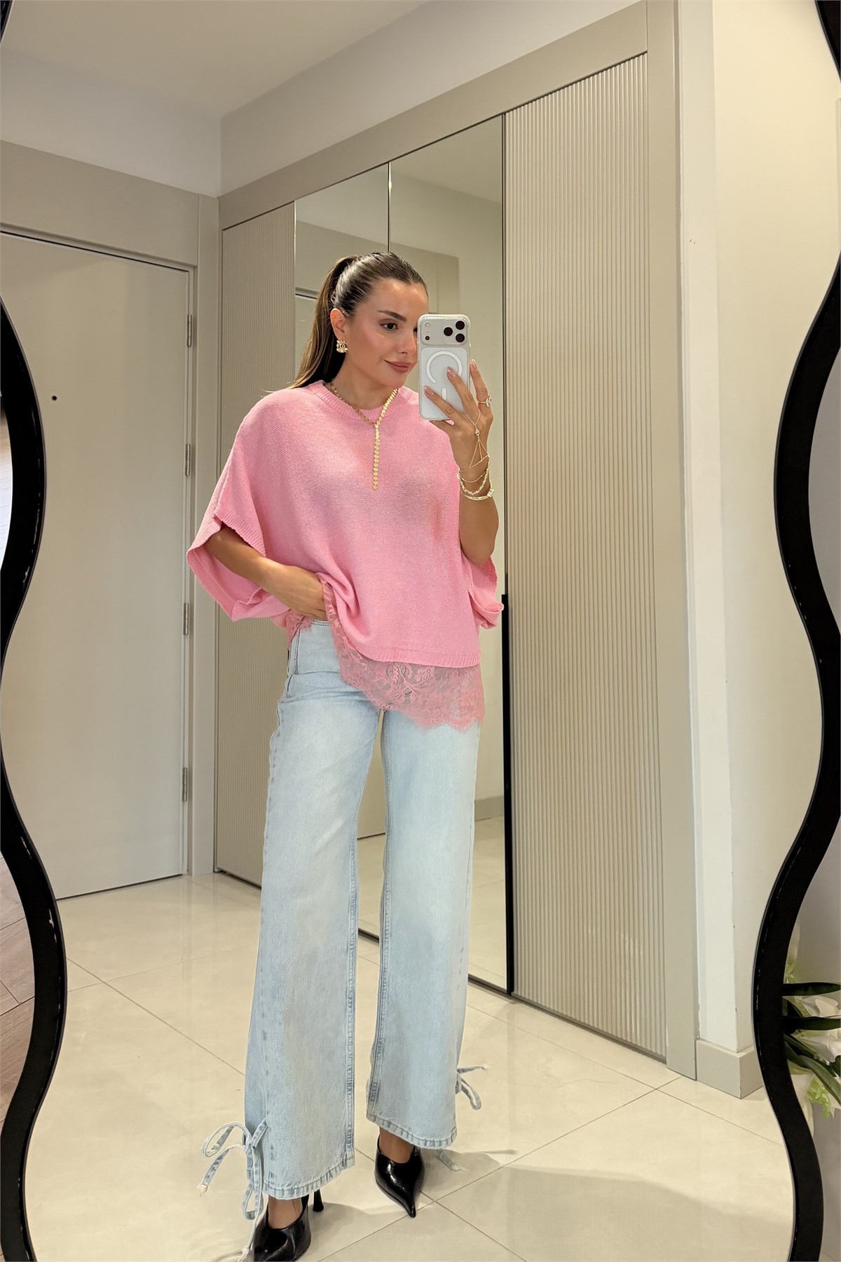 Streep Pembe Dantel Detaylı Merserize Triko