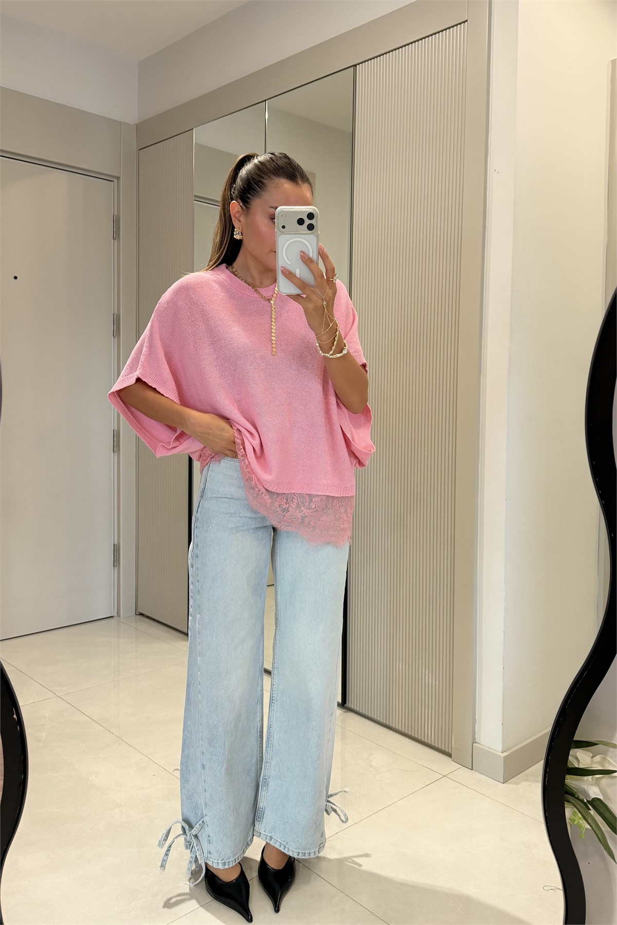 Streep Pembe Dantel Detaylı Merserize Triko