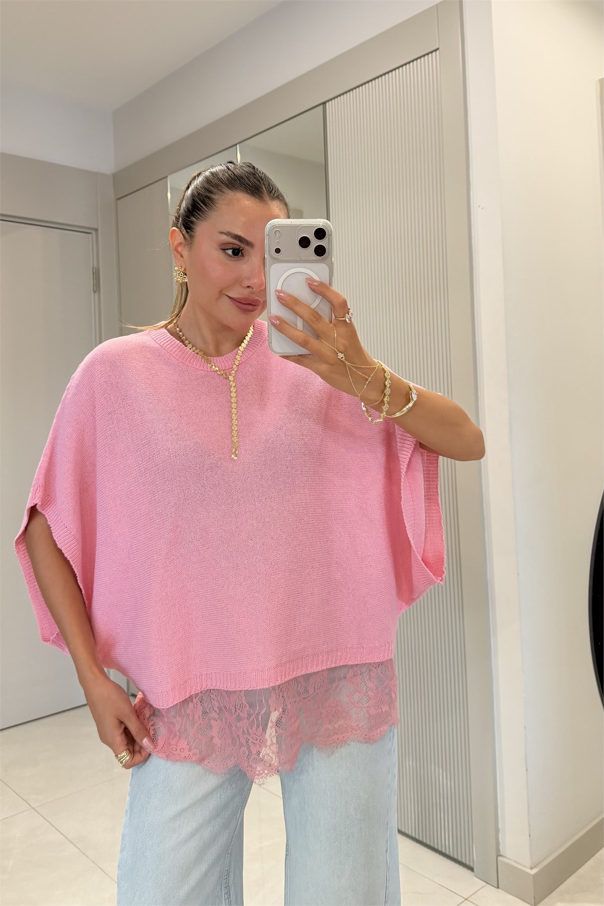 Streep Pembe Dantel Detaylı Merserize Triko