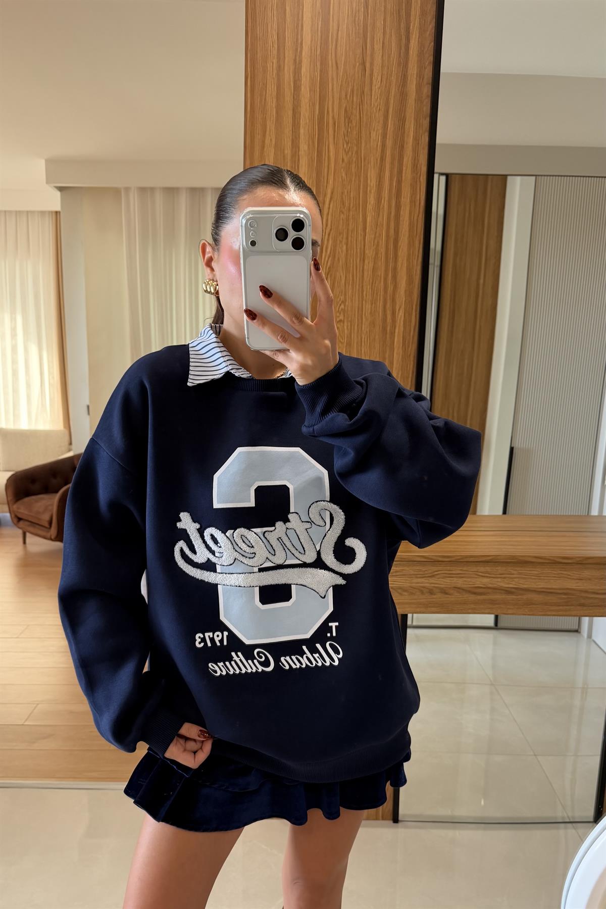 Street Lacivert Gömlek Yaka Sweatshirt