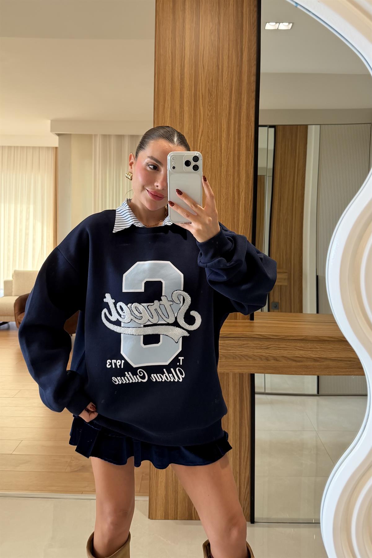 Street Lacivert Gömlek Yaka Sweatshirt