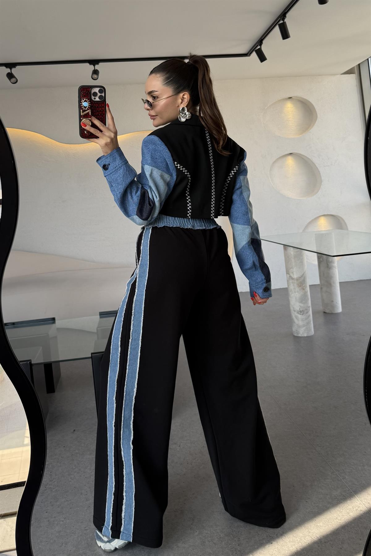 Strong Kenarları Denim Detaylı Siyah Pantolon 