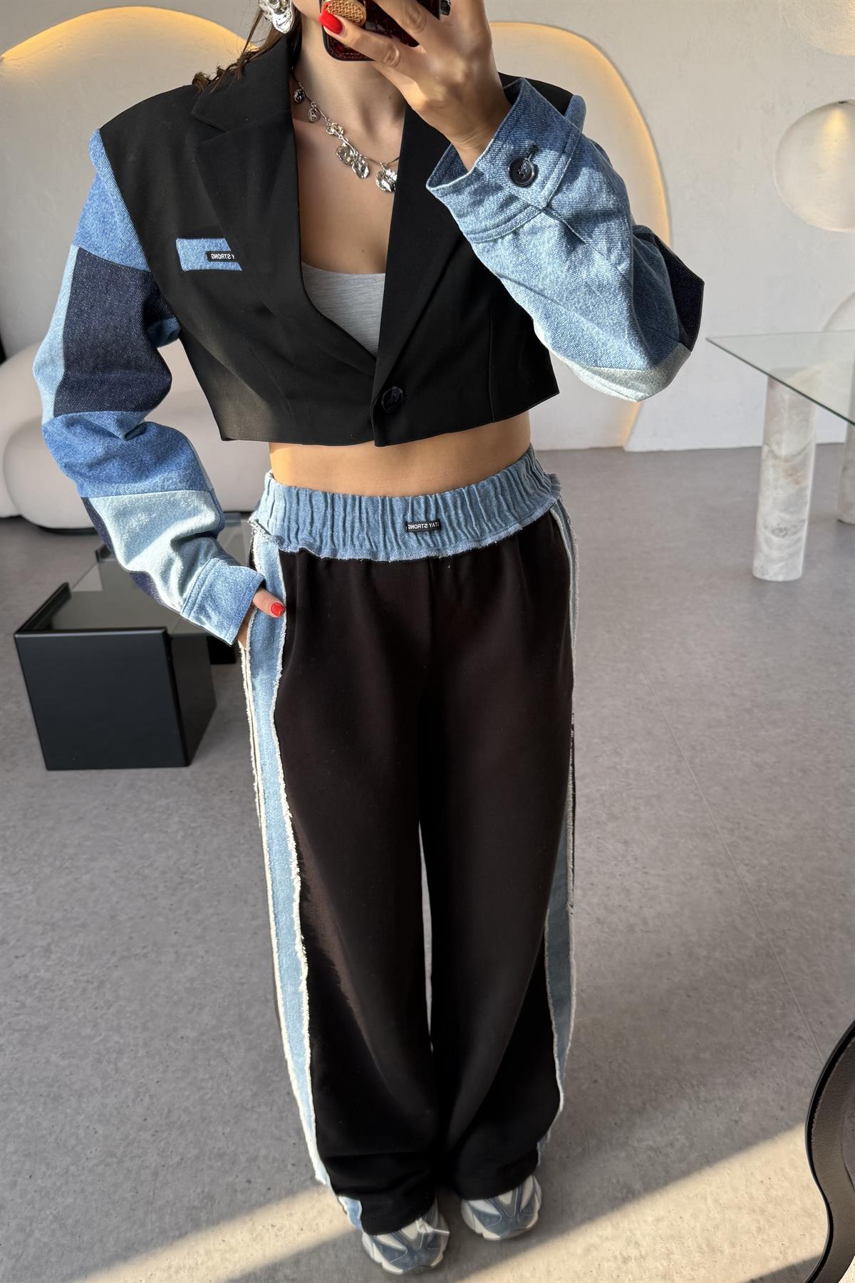 Strong Kolları Denim Patchwork Siyah Ceket 