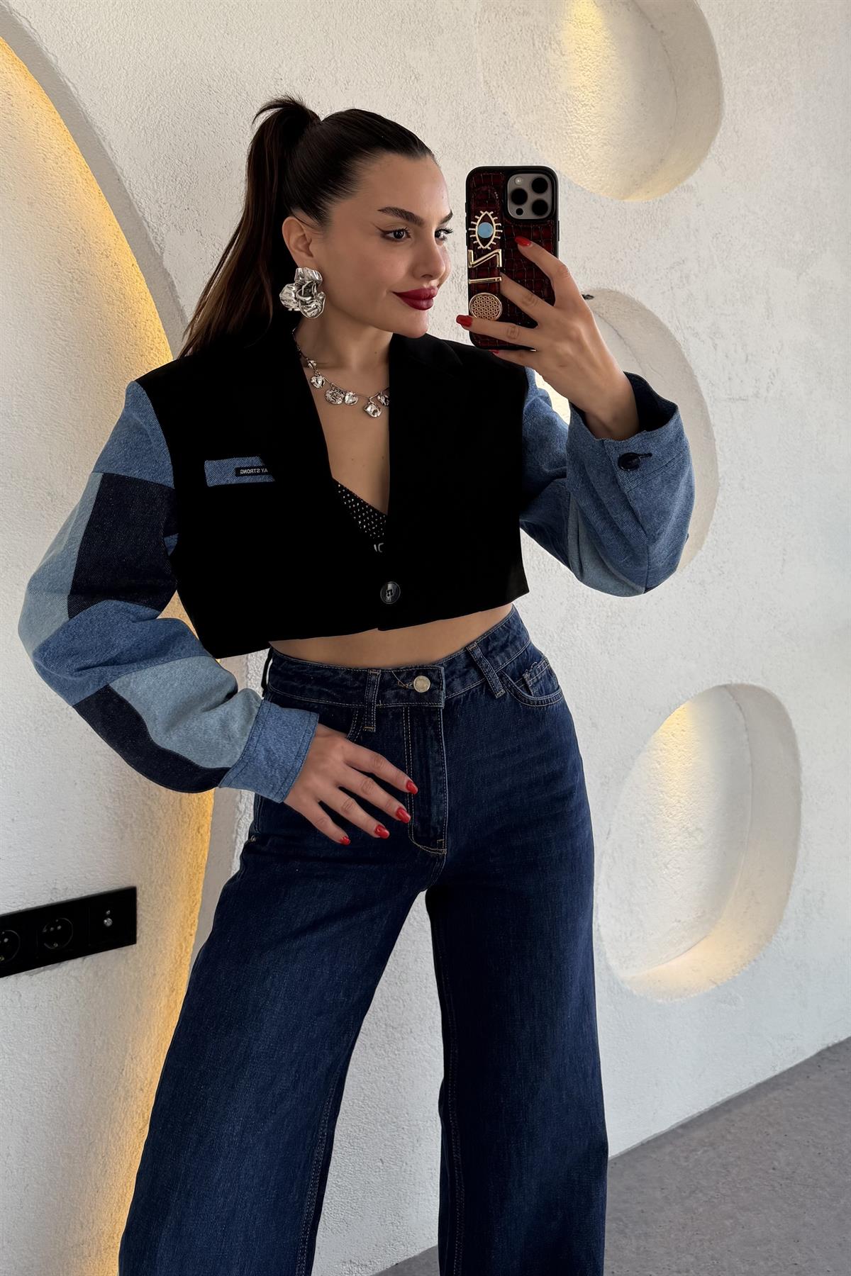 Strong Kolları Denim Patchwork Siyah Ceket 