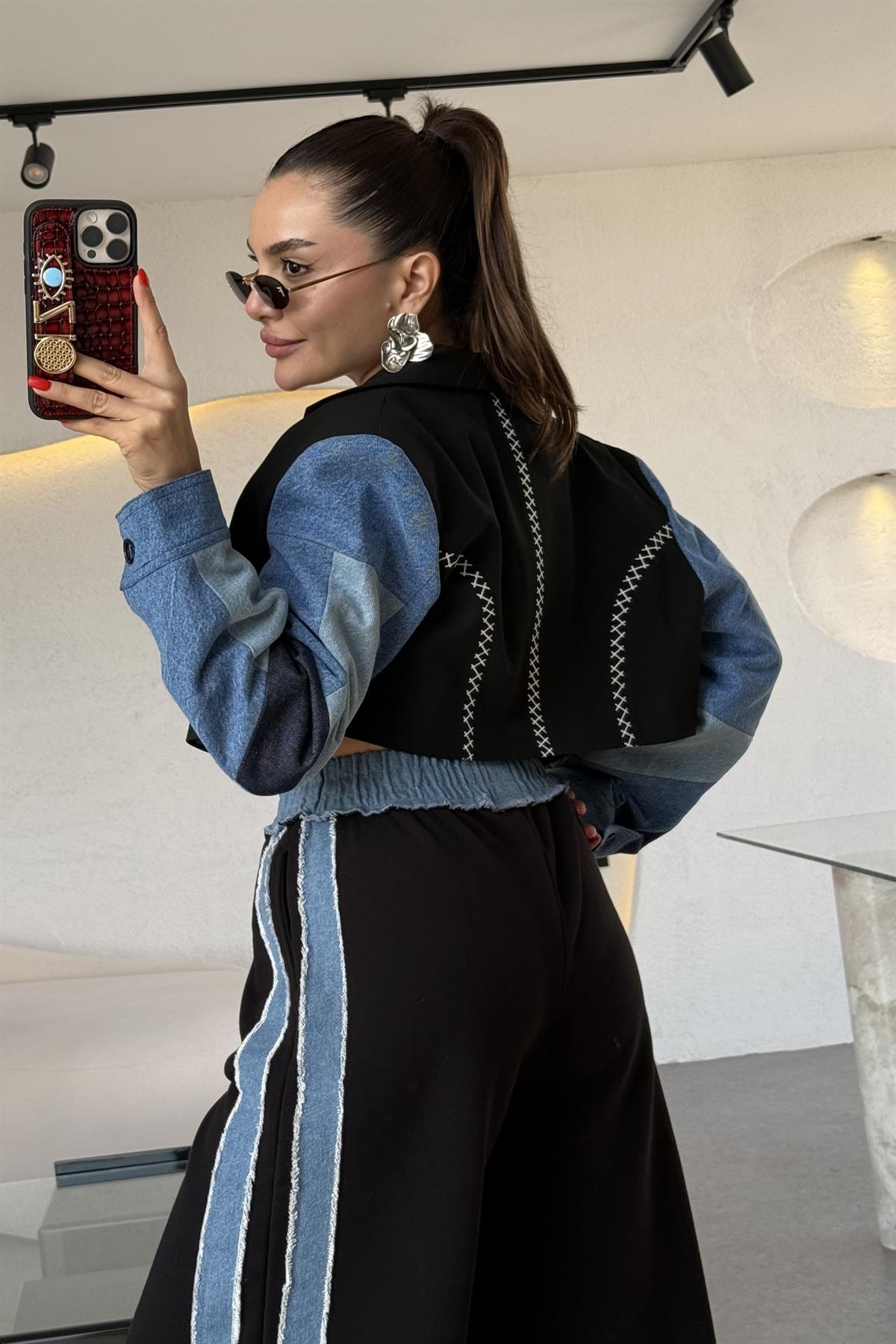 Strong Kolları Denim Patchwork Siyah Ceket 