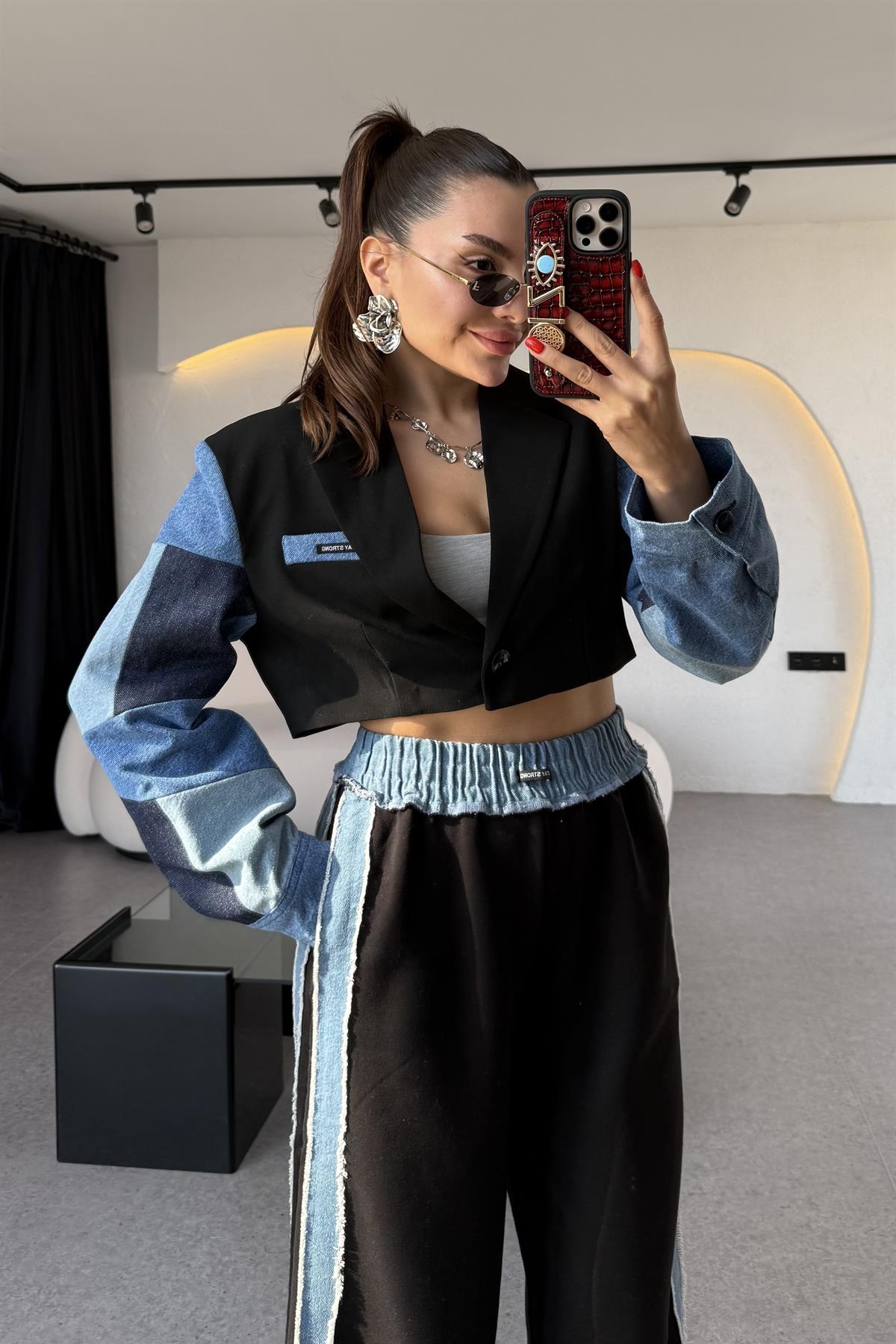 Strong Kolları Denim Patchwork Siyah Ceket 