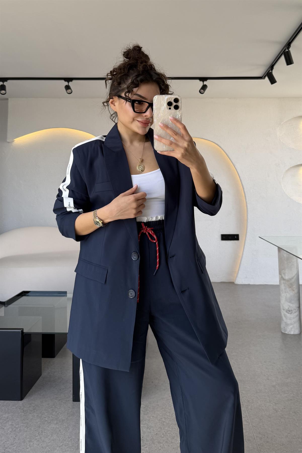 Stronger Yazılı Şeritli Lacivert Blazer