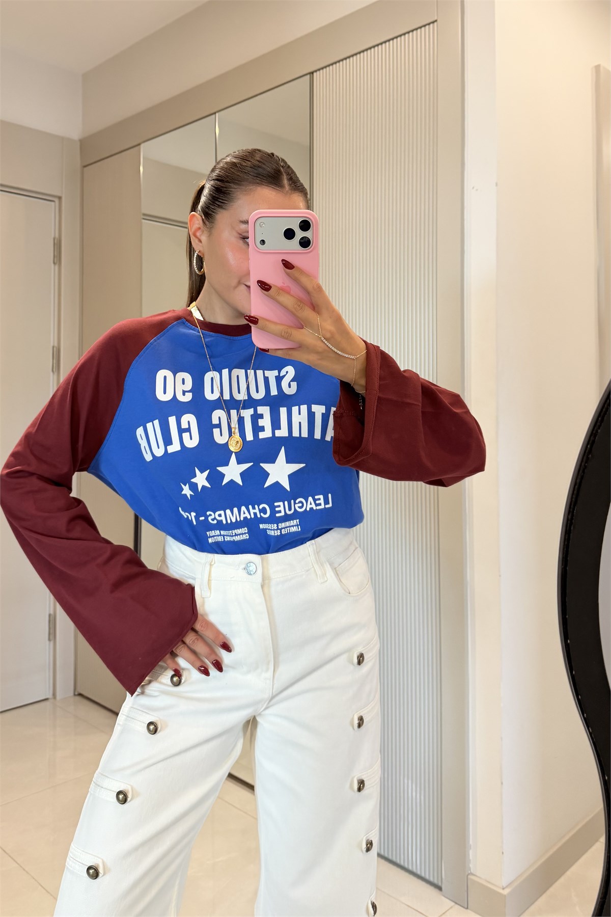 Studio Bordo-Mavi Reglan Kollu Yazı Baskılı Tshirt