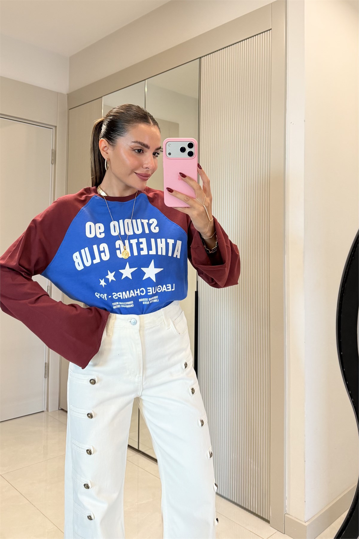 Studio Bordo-Mavi Reglan Kollu Yazı Baskılı Tshirt