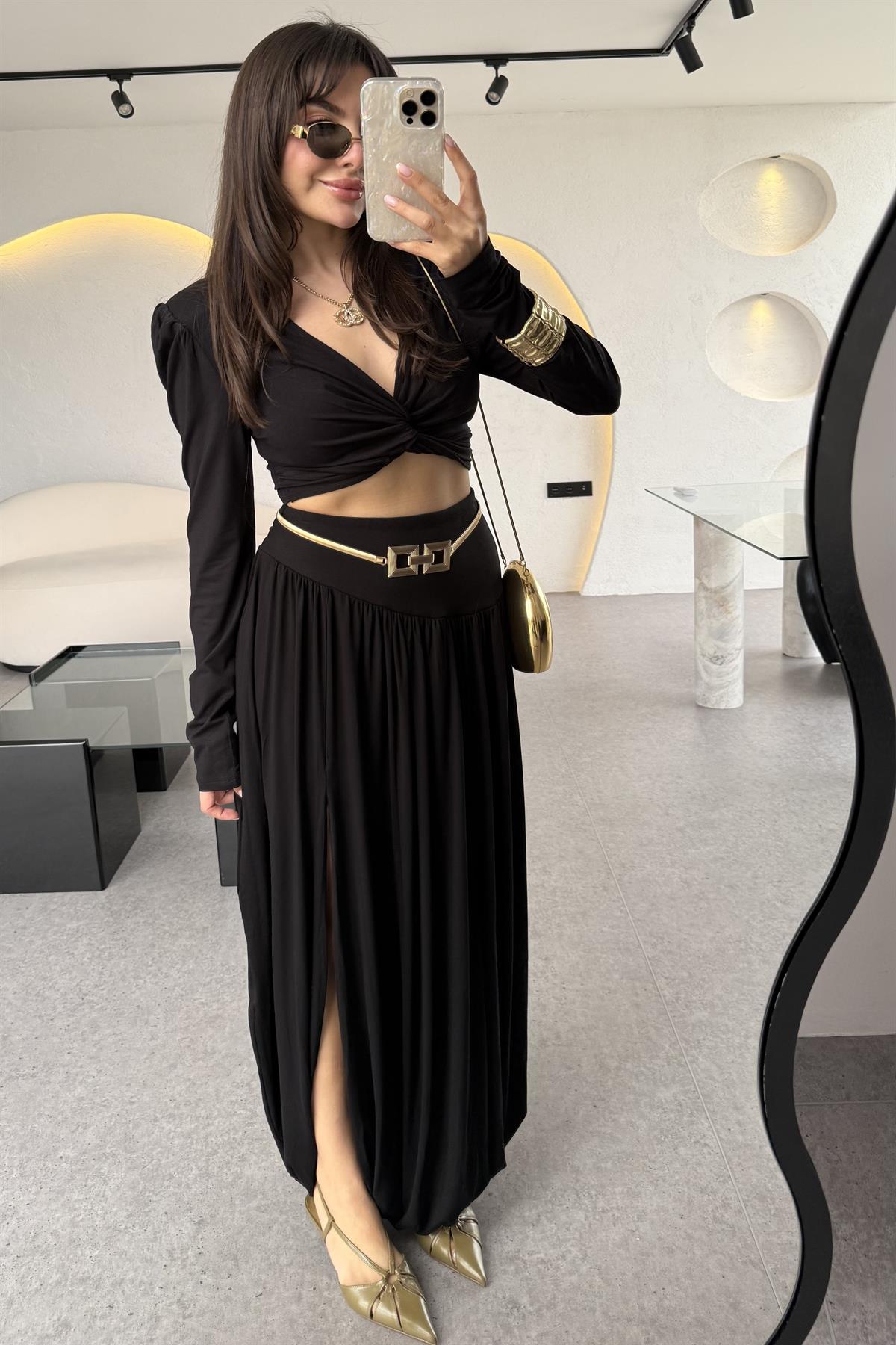 Margarita Tasarım Vatkalı Crop Şalvar Etek Takım