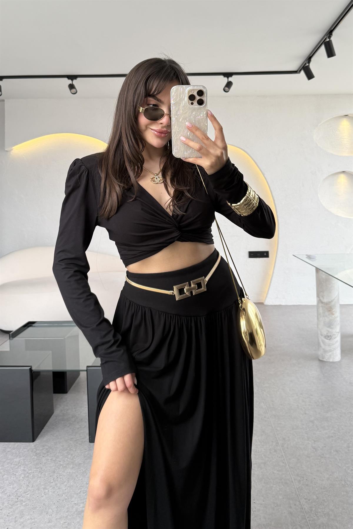 Margarita Tasarım Vatkalı Crop Şalvar Etek Takım