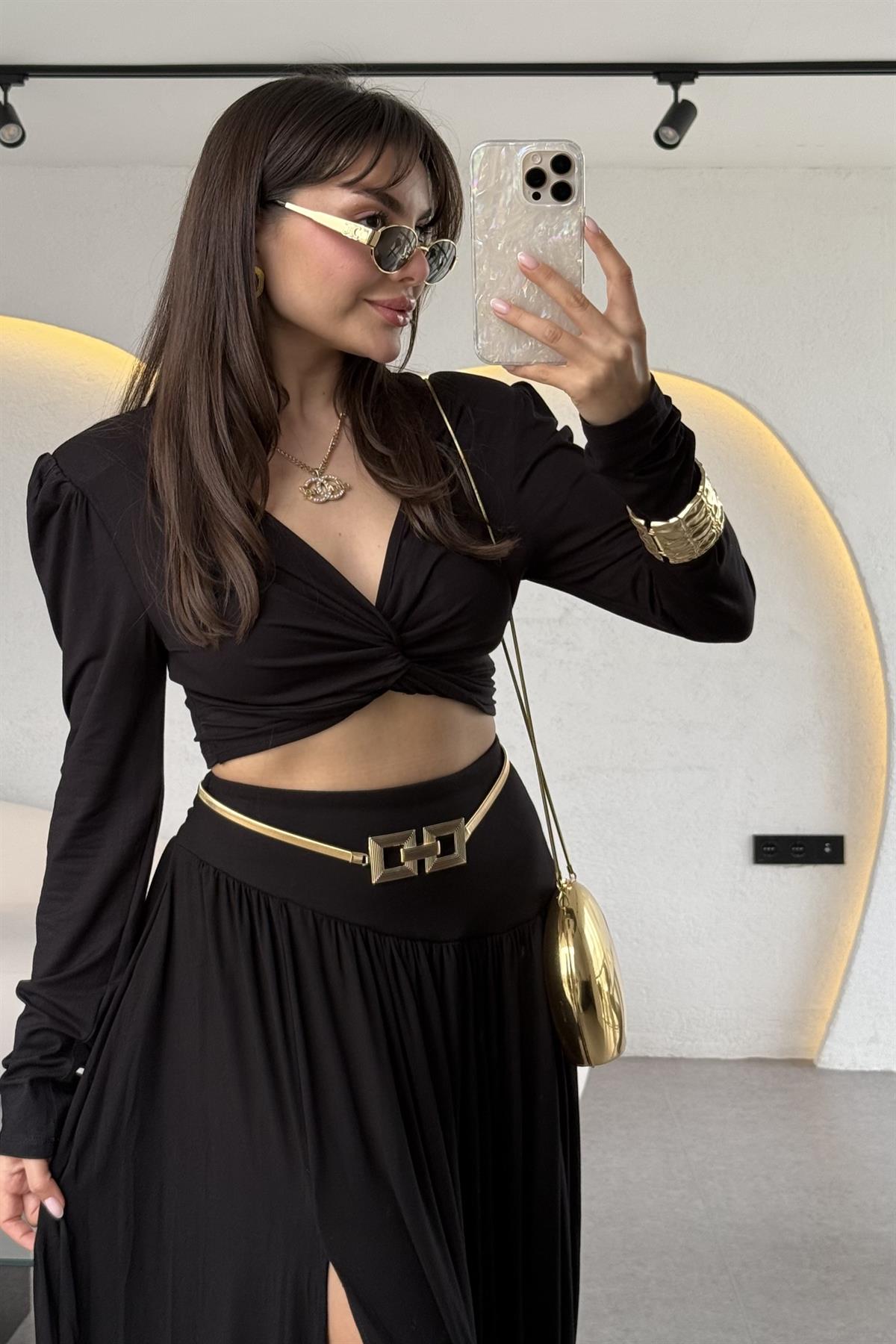 Margarita Tasarım Vatkalı Crop Şalvar Etek Takım