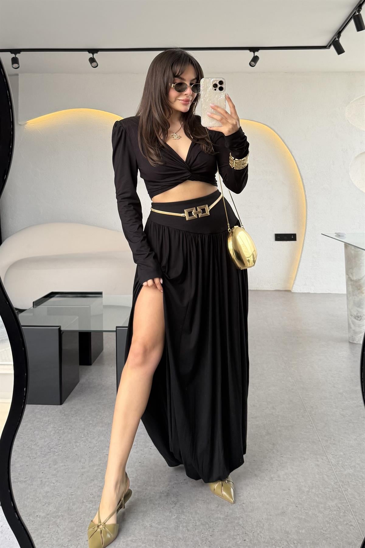 Margarita Tasarım Vatkalı Crop Şalvar Etek Takım